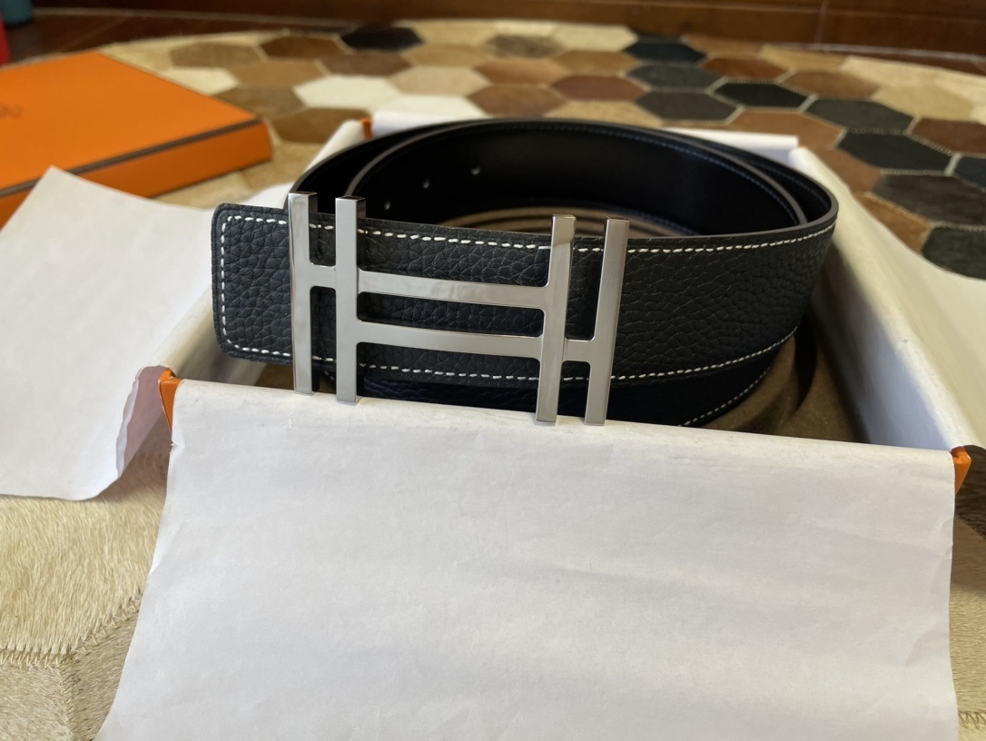 Hermes Men's Black Leather Belt with Silver H Buckle