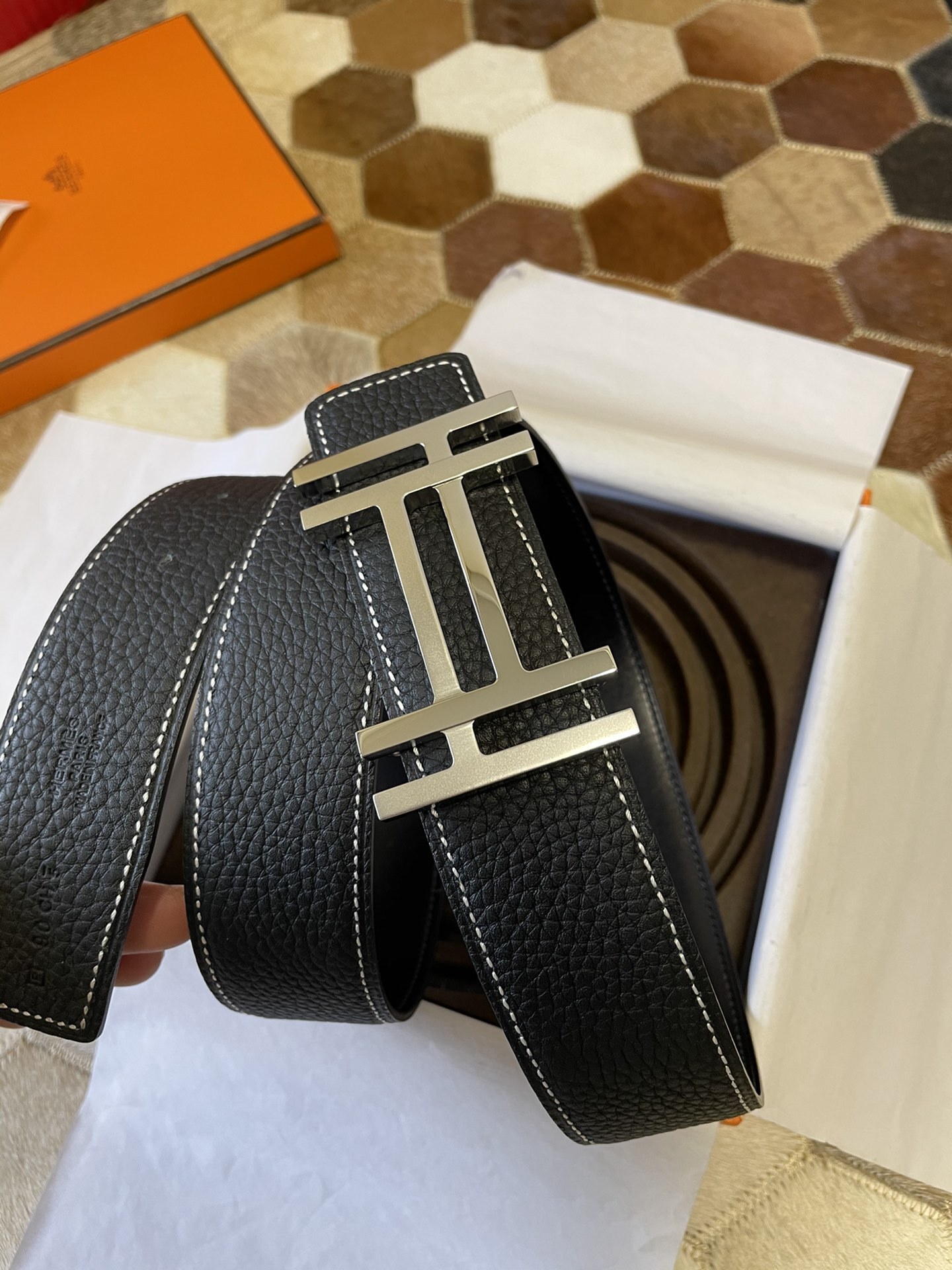 Hermes Men’s Black Leather Belt with Silver H Buckle