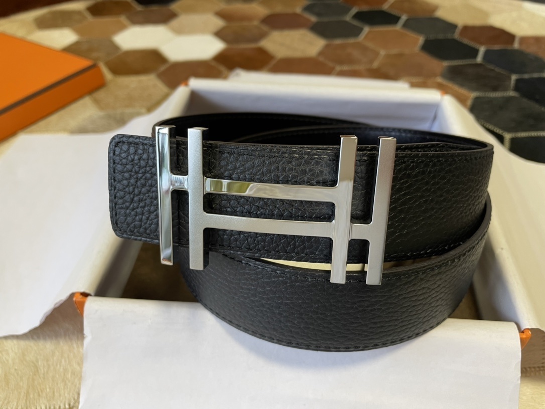Classic Men's Black Leather Belt with Premium Silver H Buckle