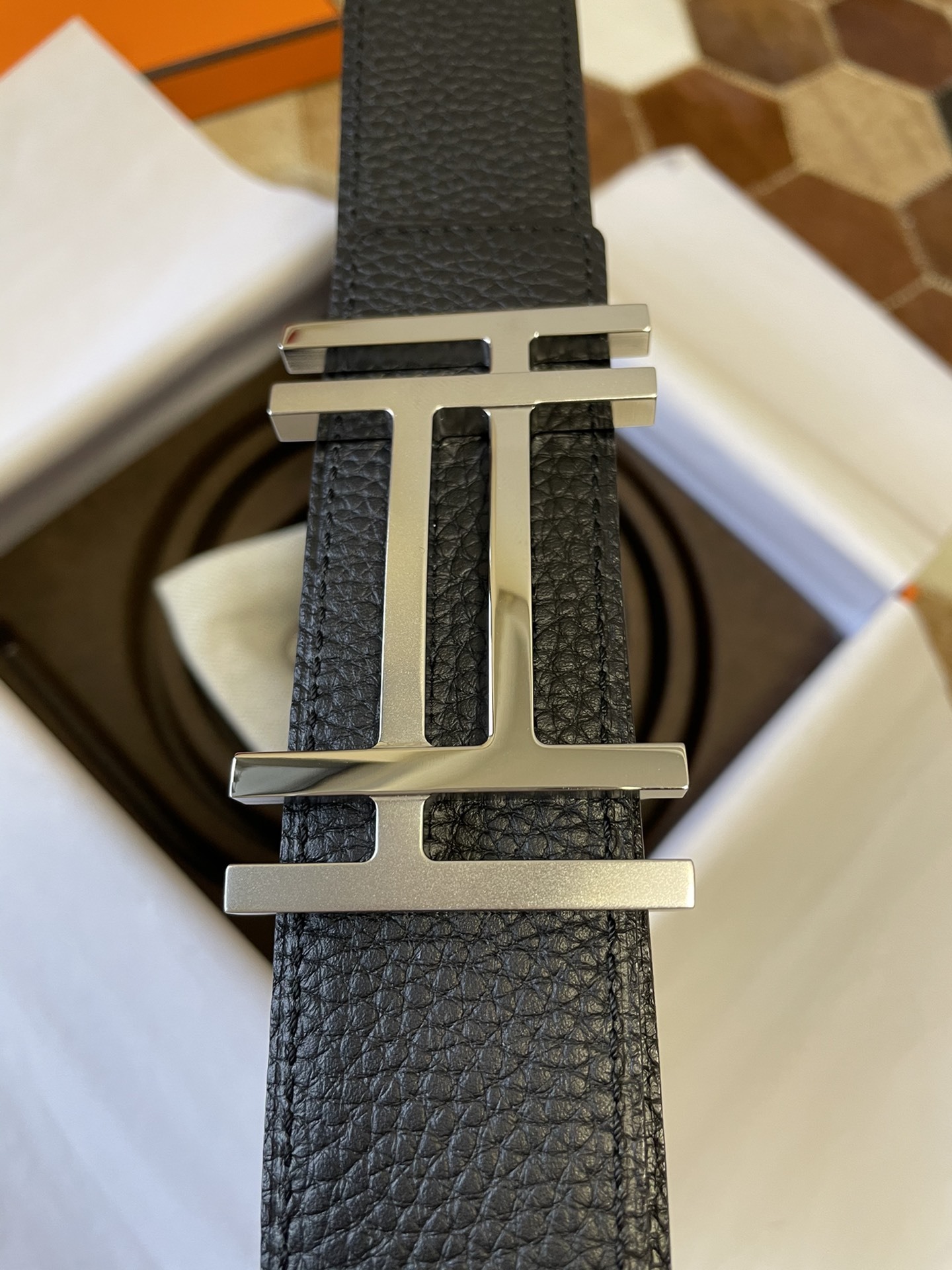 Classic Men's Black Leather Belt with Premium Silver H Buckle