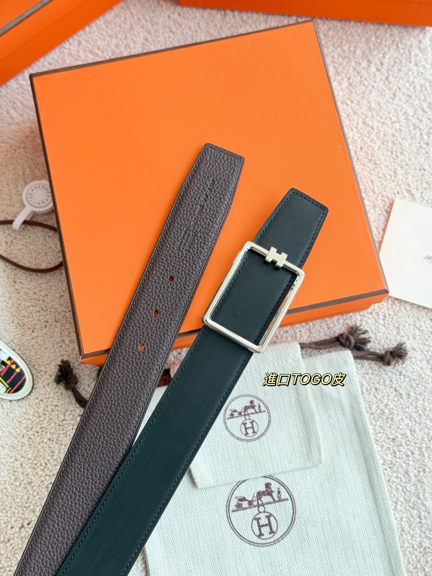 Hermès Tube H 38mm Reversible Leather Belt - Black/Brown