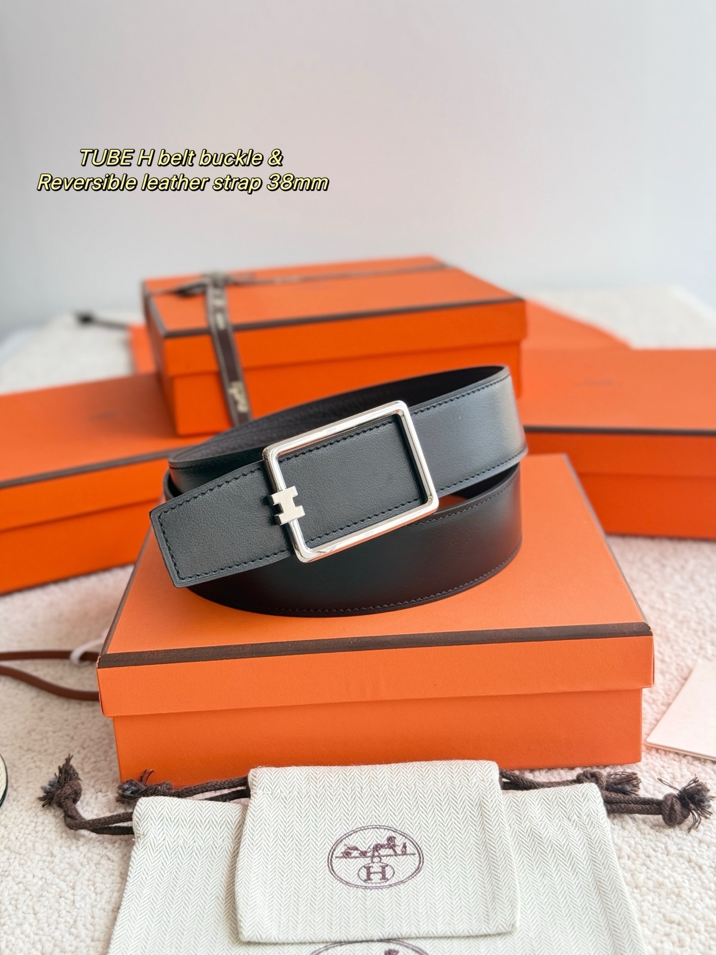 Hermès Tube H 38mm Reversible Leather Belt - Black/Brown