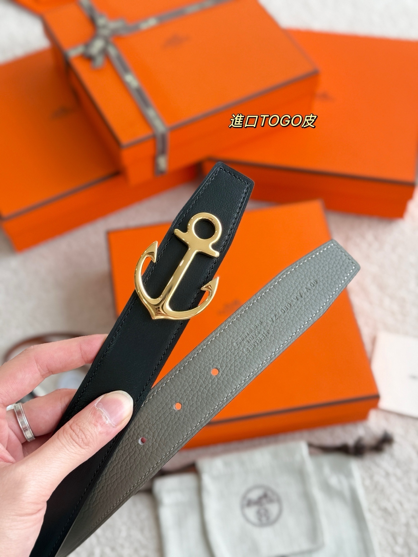 Hermès 32mm Reversible Leather Belt with Gold Cargo Anchor Buckle