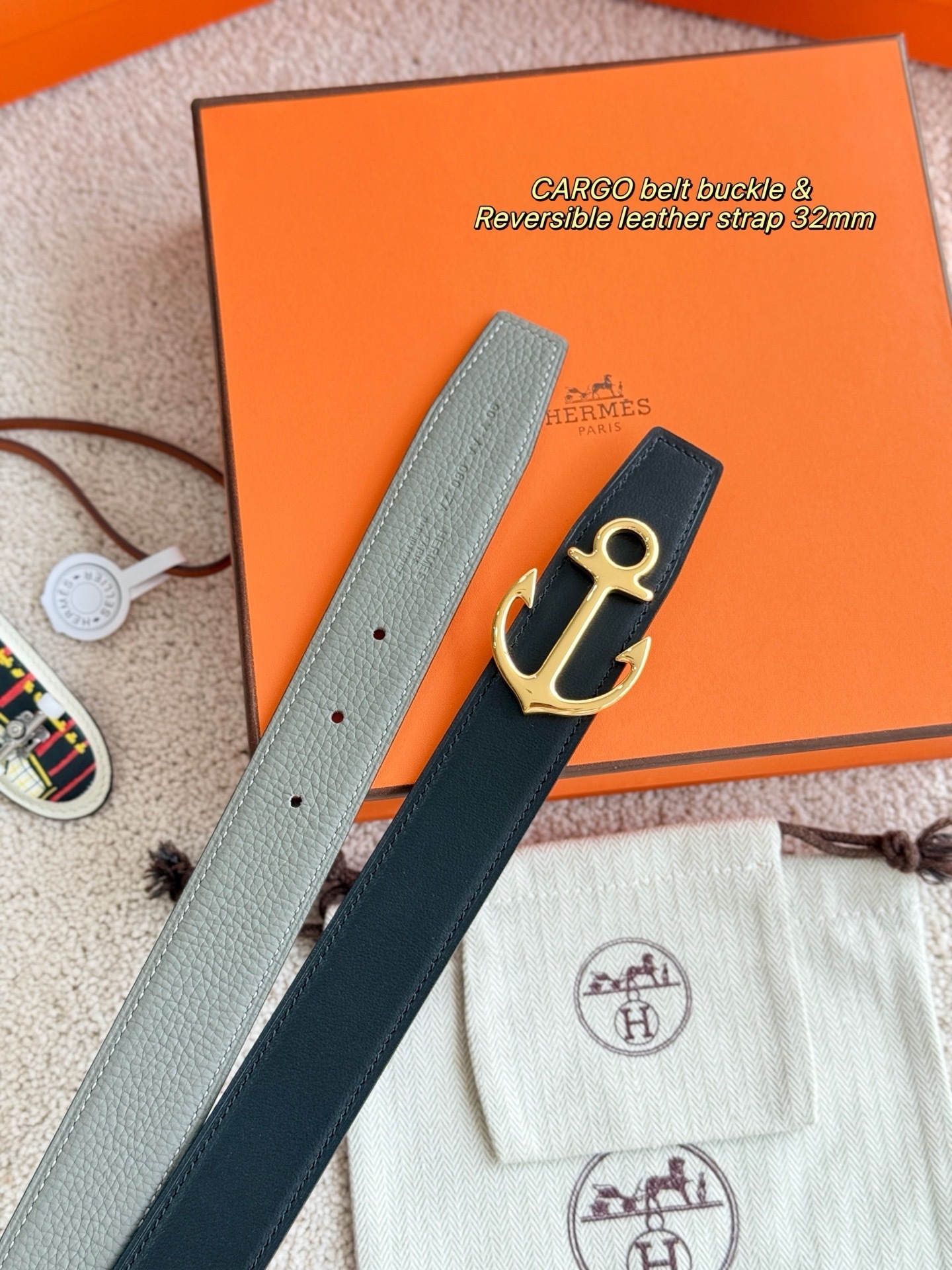 Hermès 32mm Reversible Leather Belt with Gold Cargo Anchor Buckle