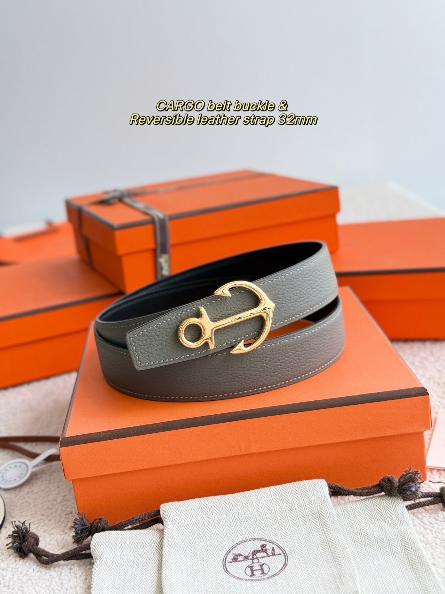 Hermès 32mm Reversible Leather Belt with Gold Cargo Anchor Buckle
