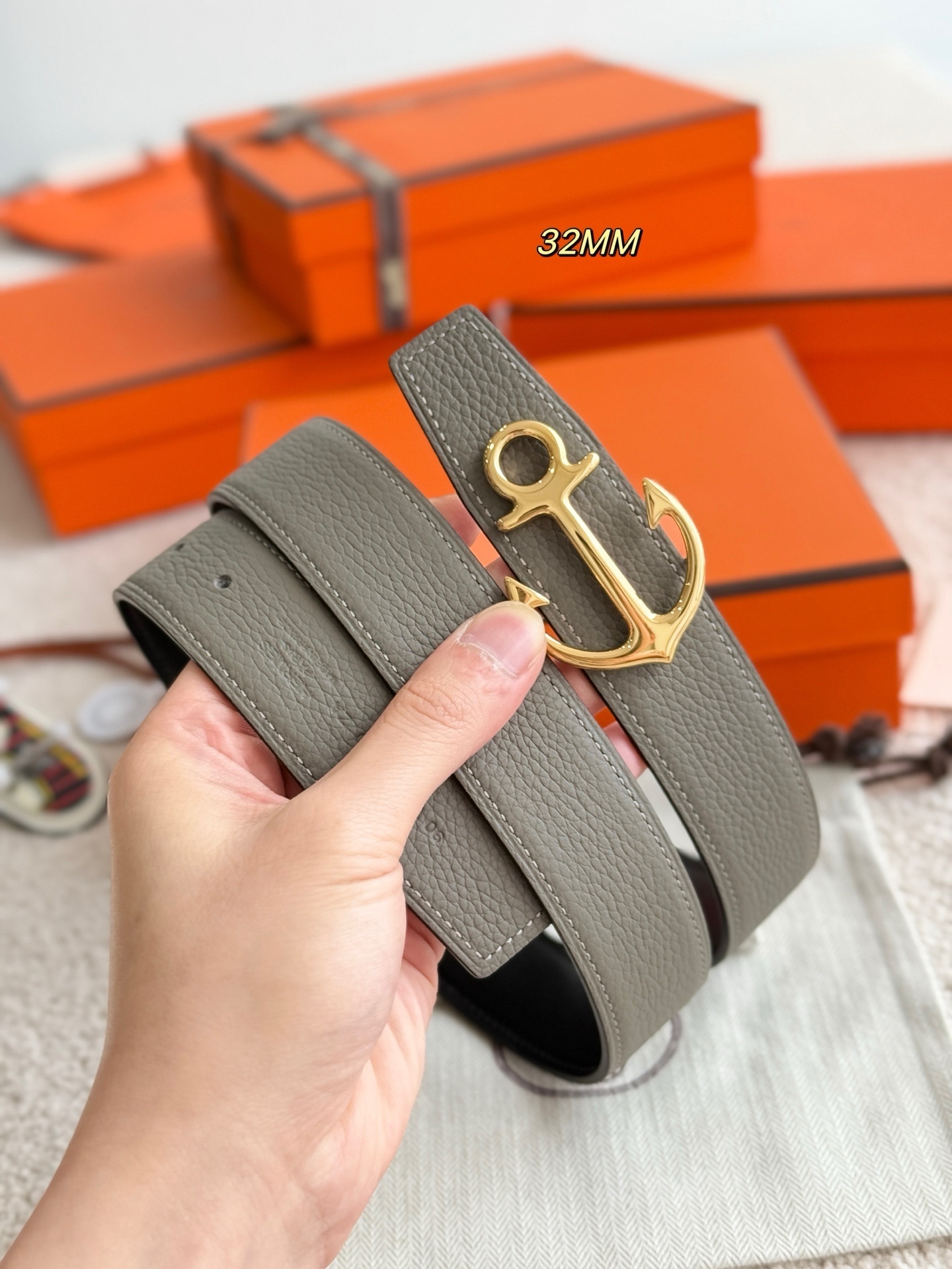 Hermès 32mm Reversible Leather Belt with Gold Cargo Anchor Buckle