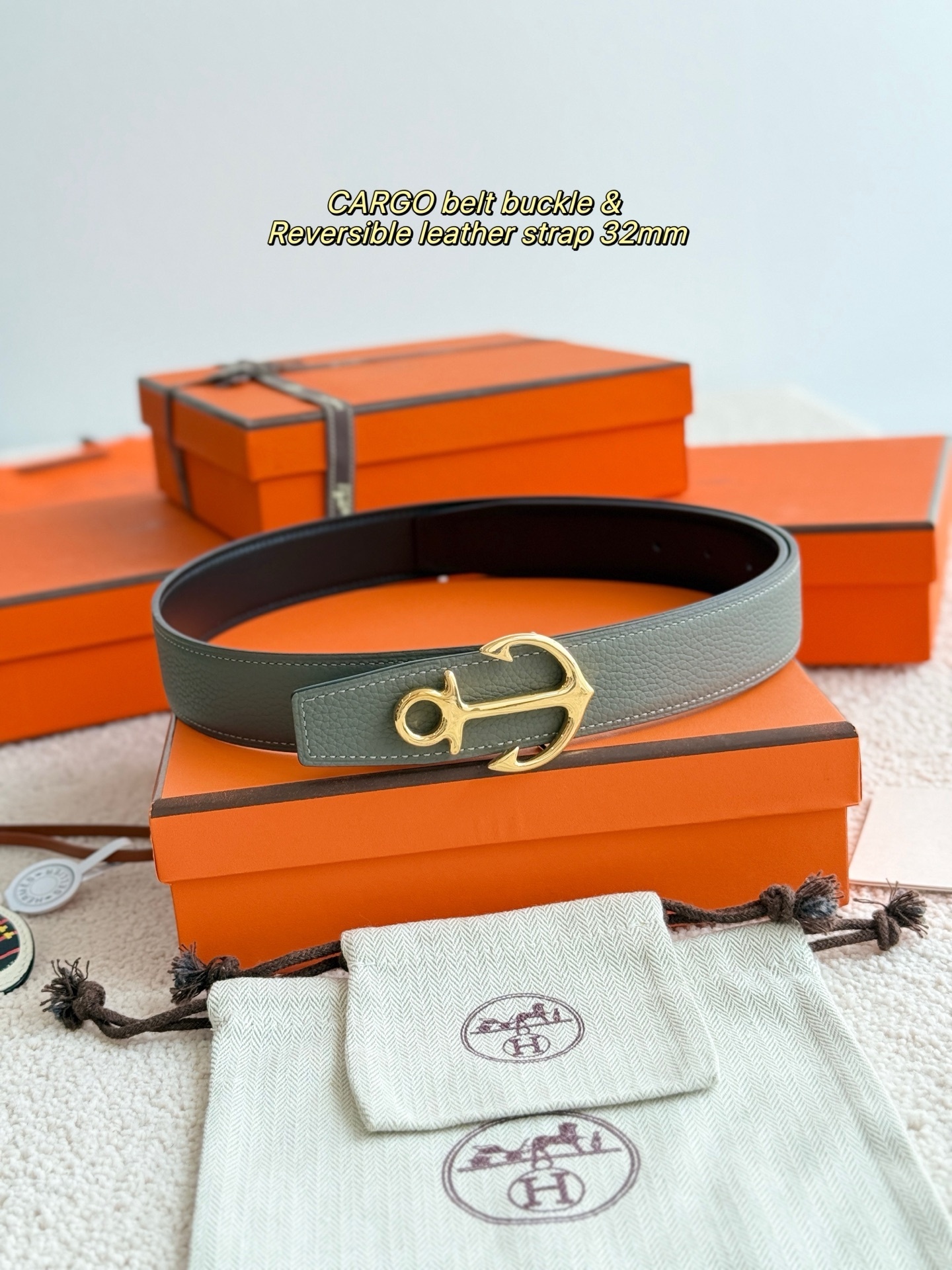 Hermès 32mm Reversible Leather Belt with Gold Cargo Anchor Buckle