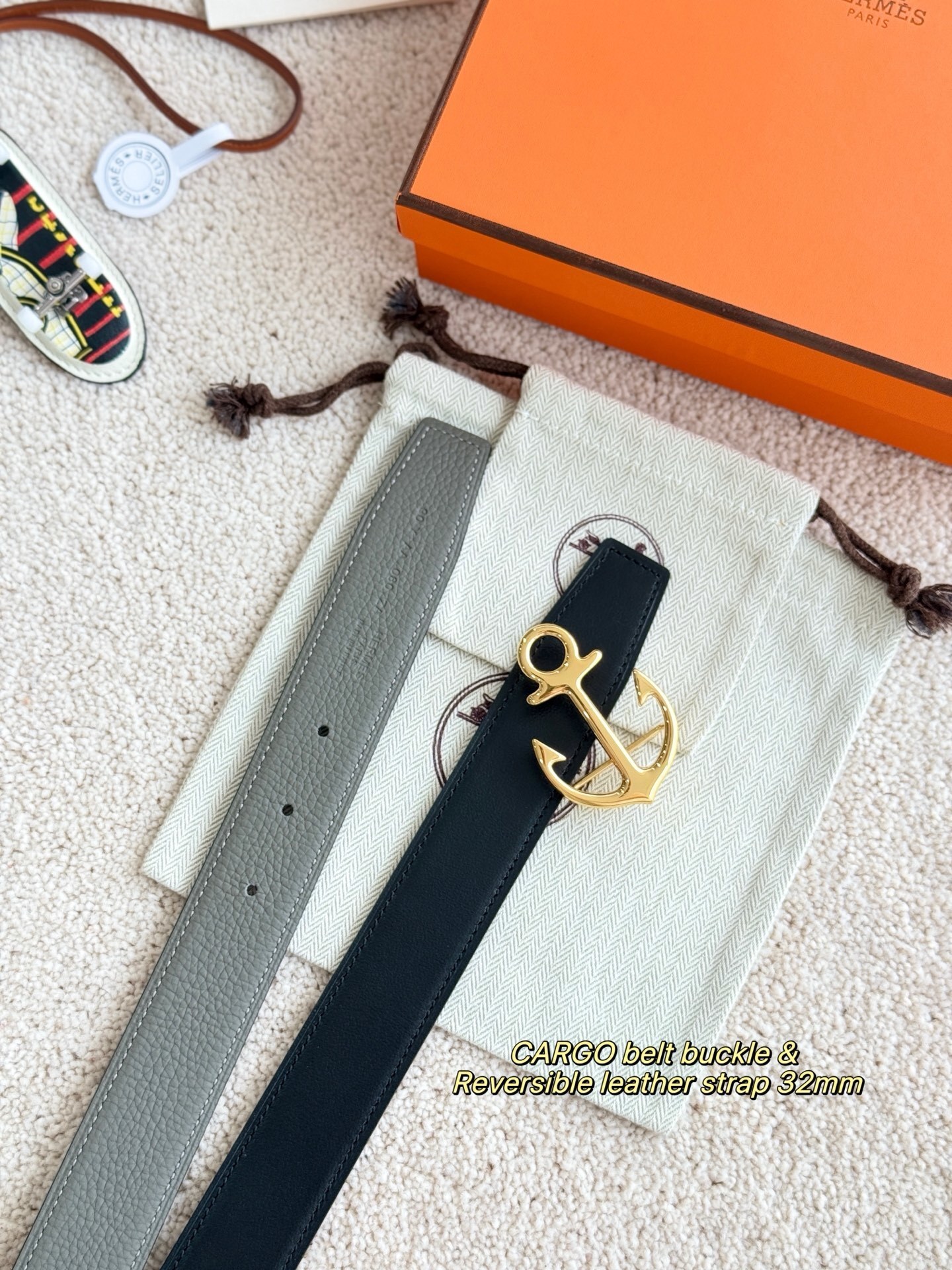 Hermès 32mm Reversible Leather Belt with Gold Cargo Anchor Buckle
