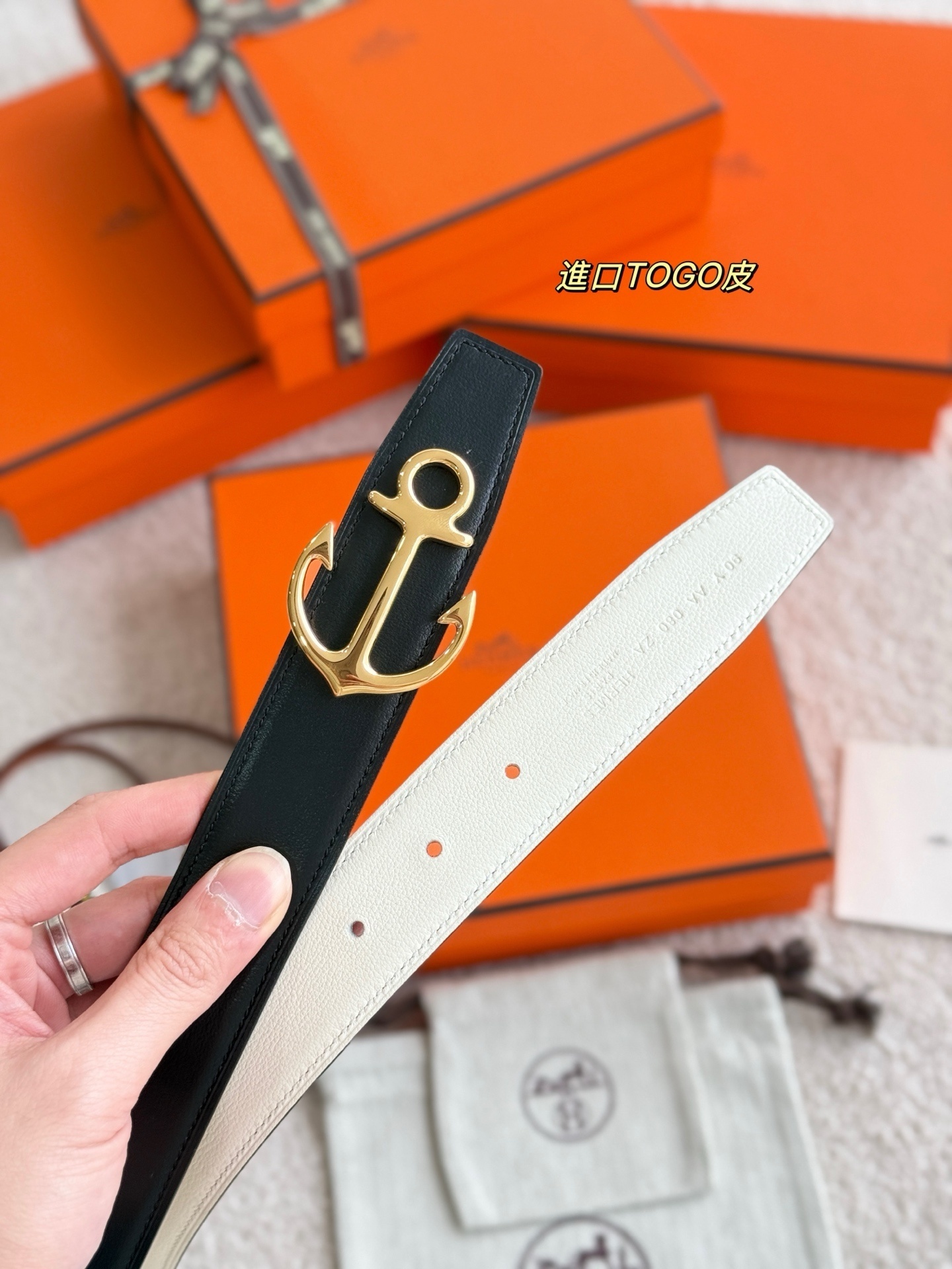 Hermes 32mm Reversible Leather Belt with Gold Cargo Anchor Buckle