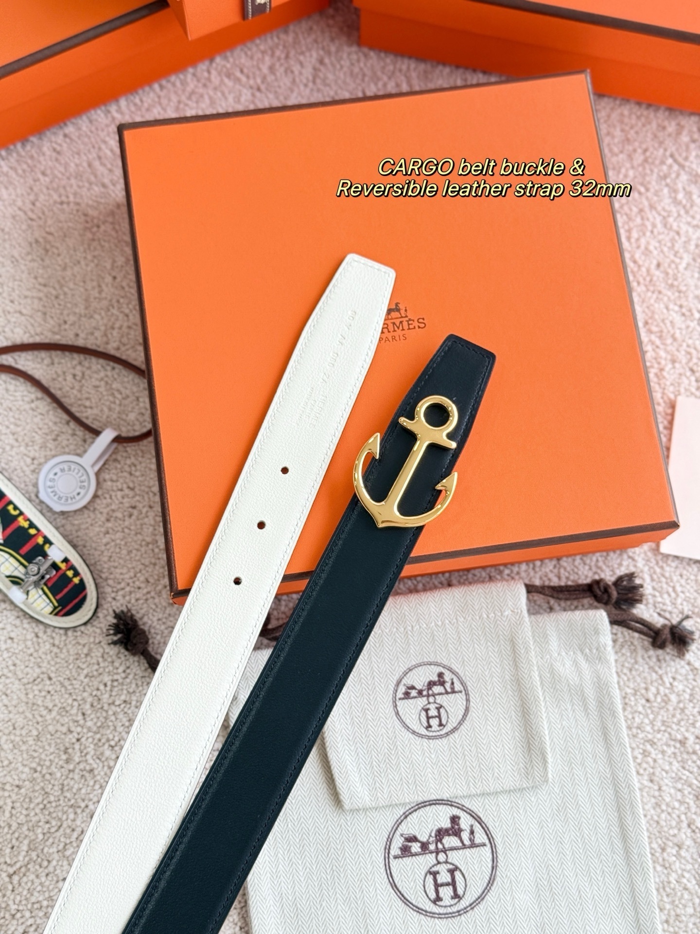 Hermes 32mm Reversible Leather Belt with Gold Cargo Anchor Buckle