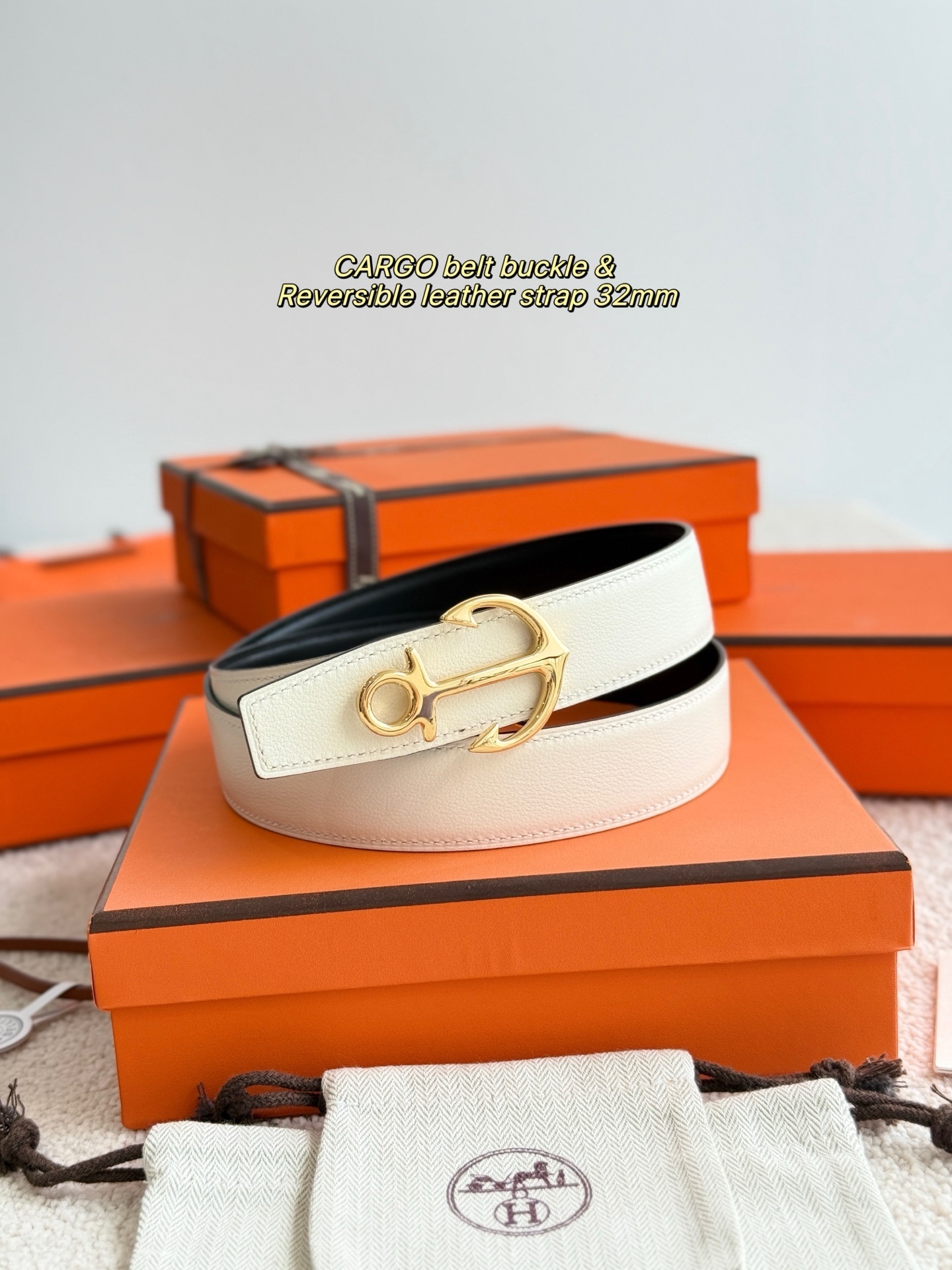 Hermes 32mm Reversible Leather Belt with Gold Cargo Anchor Buckle