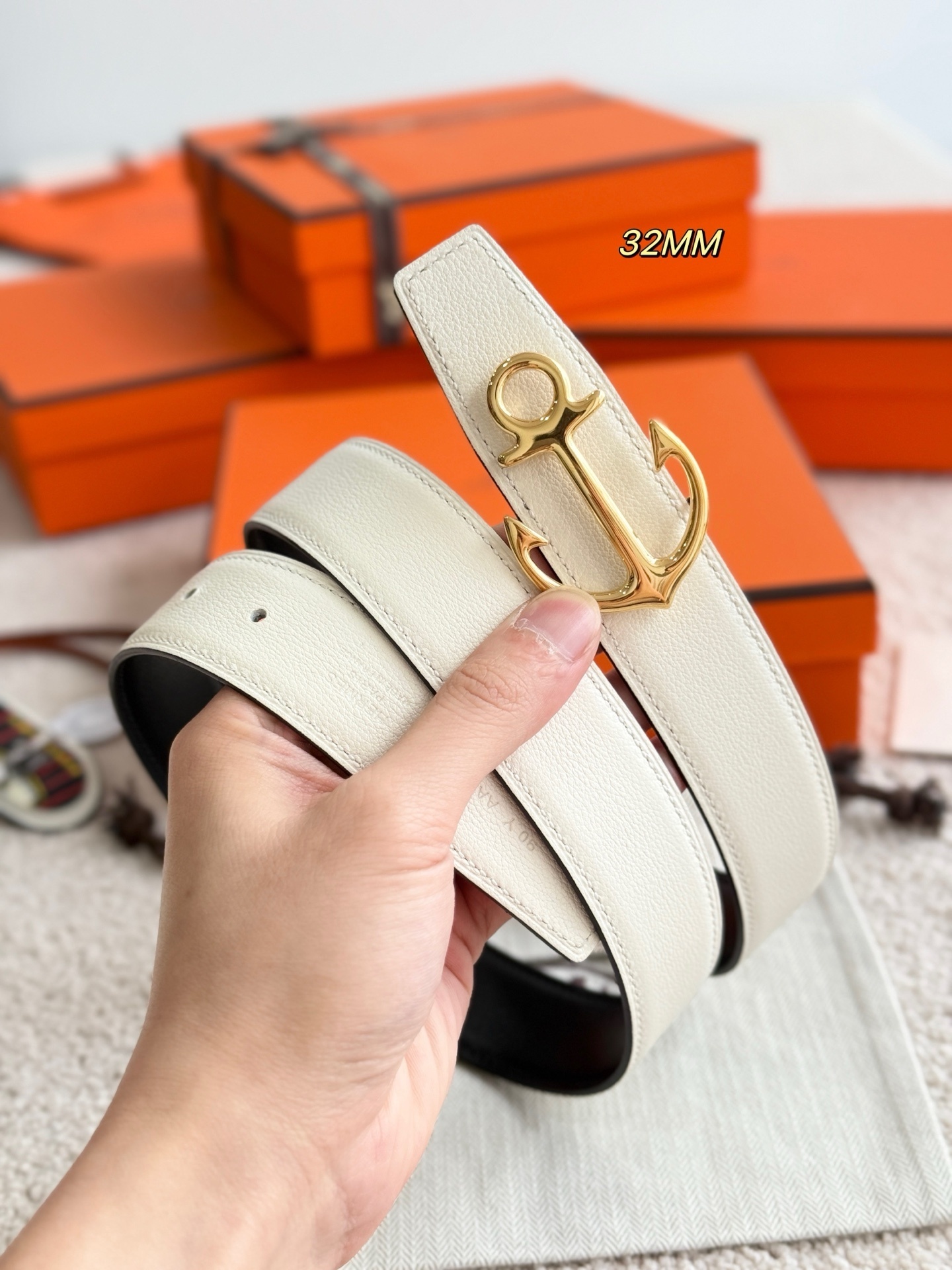 Hermes 32mm Reversible Leather Belt with Gold Cargo Anchor Buckle