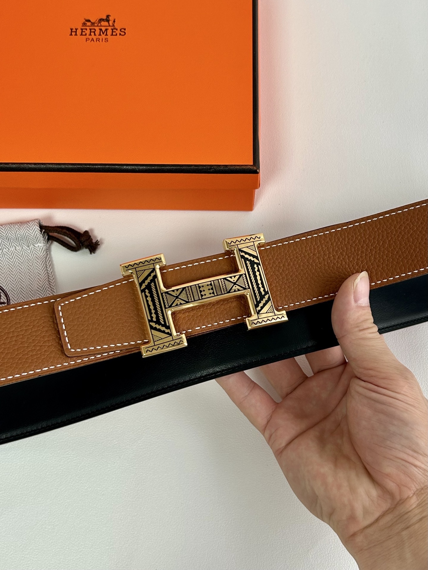 Hermès Reversible Leather Belt with Patterned Gold H Buckle