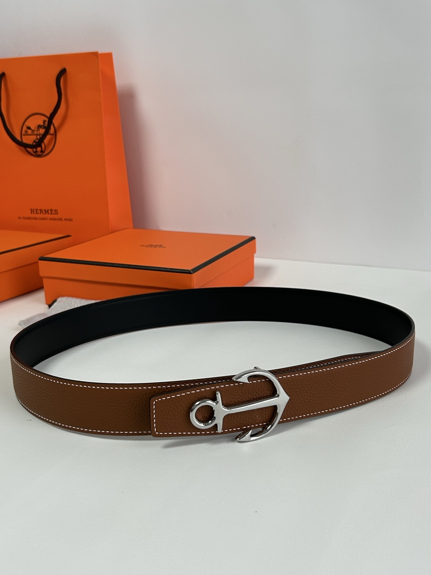 Hermès Brown Leather Belt with Nautical Anchor Buckle - Gold & Silver