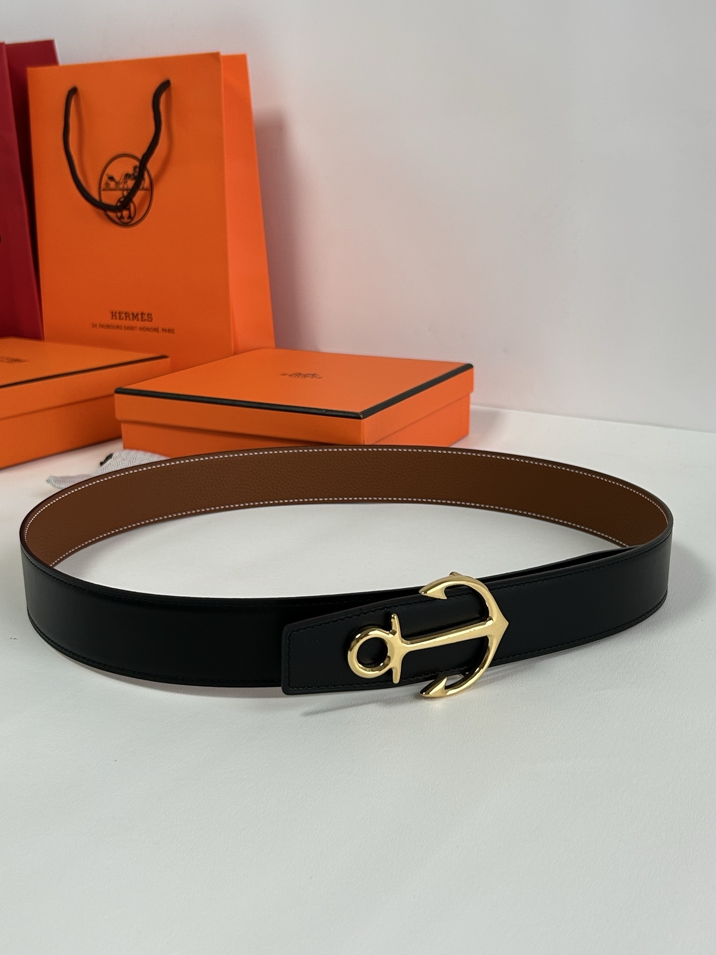 Hermès Brown Leather Belt with Nautical Anchor Buckle - Gold & Silver