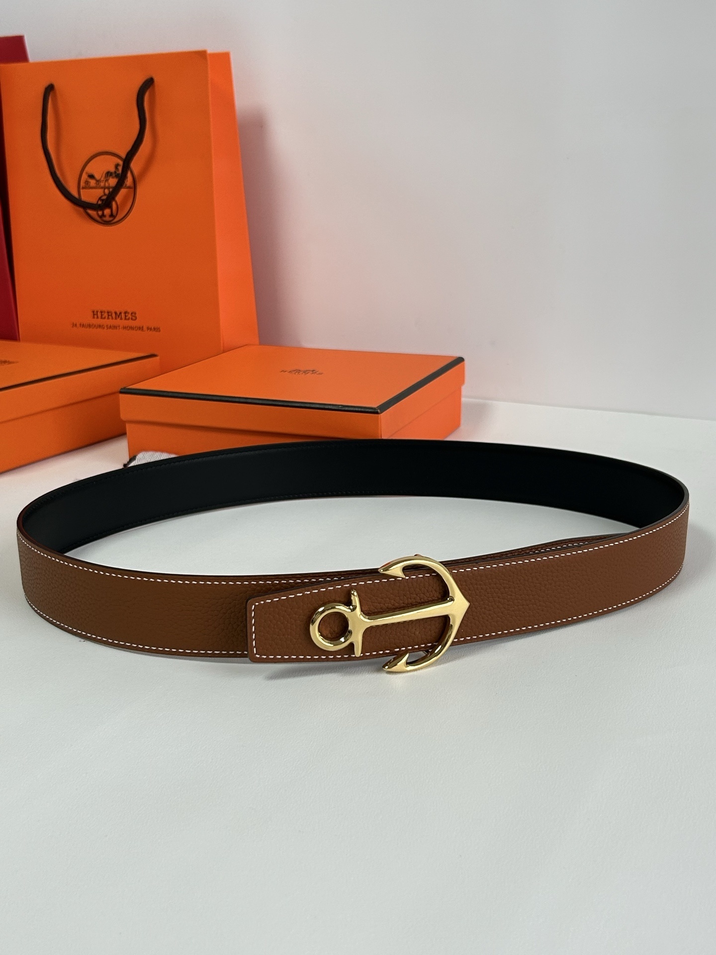 Hermès Brown Leather Belt with Nautical Anchor Buckle - Gold & Silver