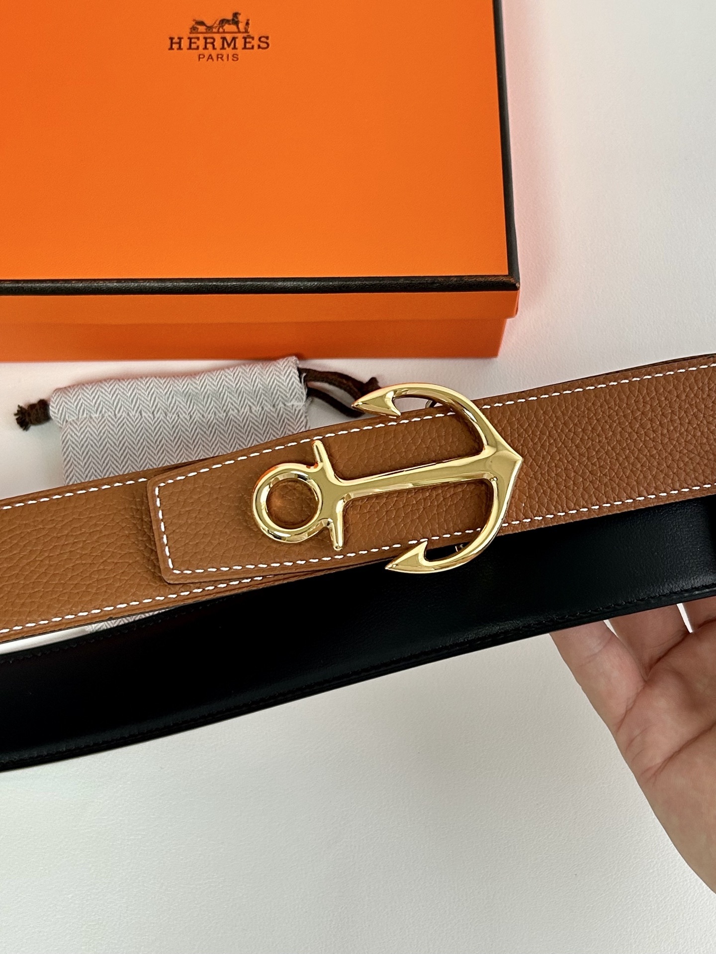 Hermès Brown Leather Belt with Nautical Anchor Buckle - Gold & Silver