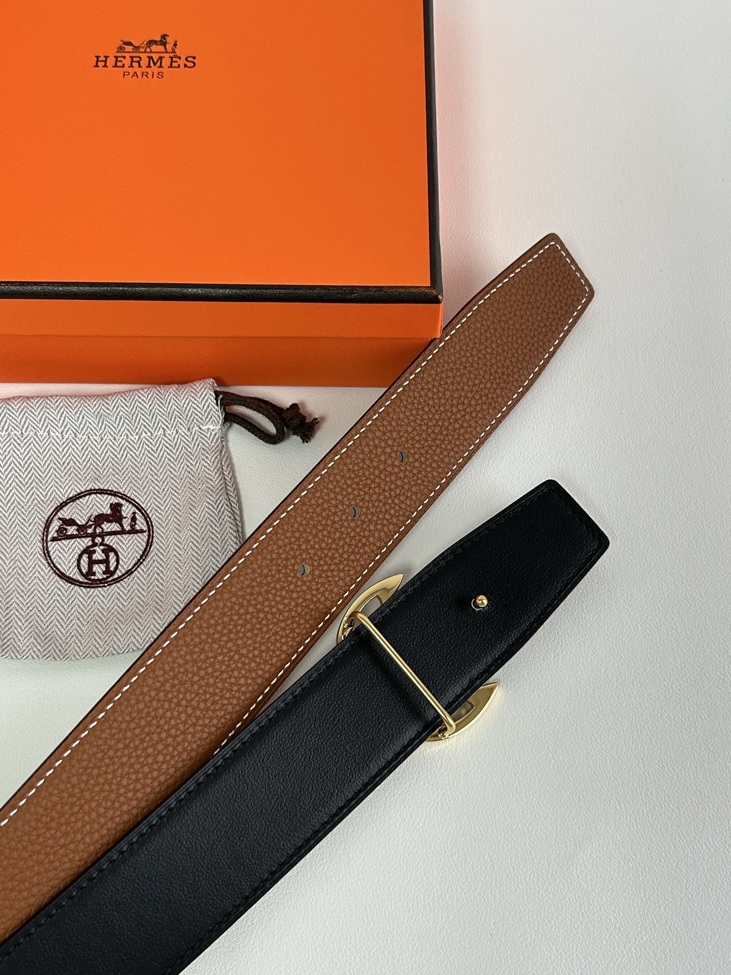 Hermès Brown Leather Belt with Nautical Anchor Buckle - Gold & Silver