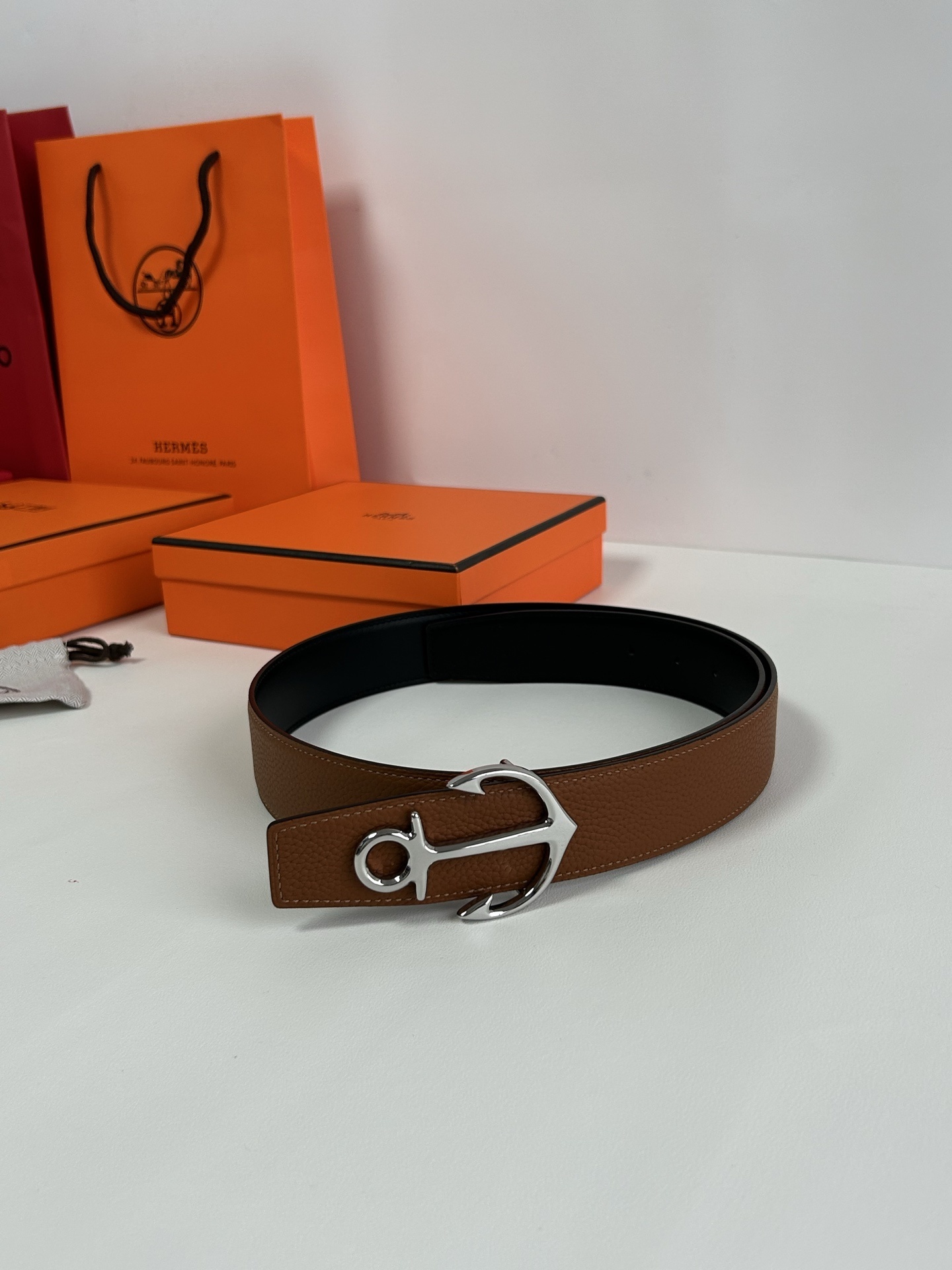 Hermès Reversible Leather Belt with Silver Anchor Buckle