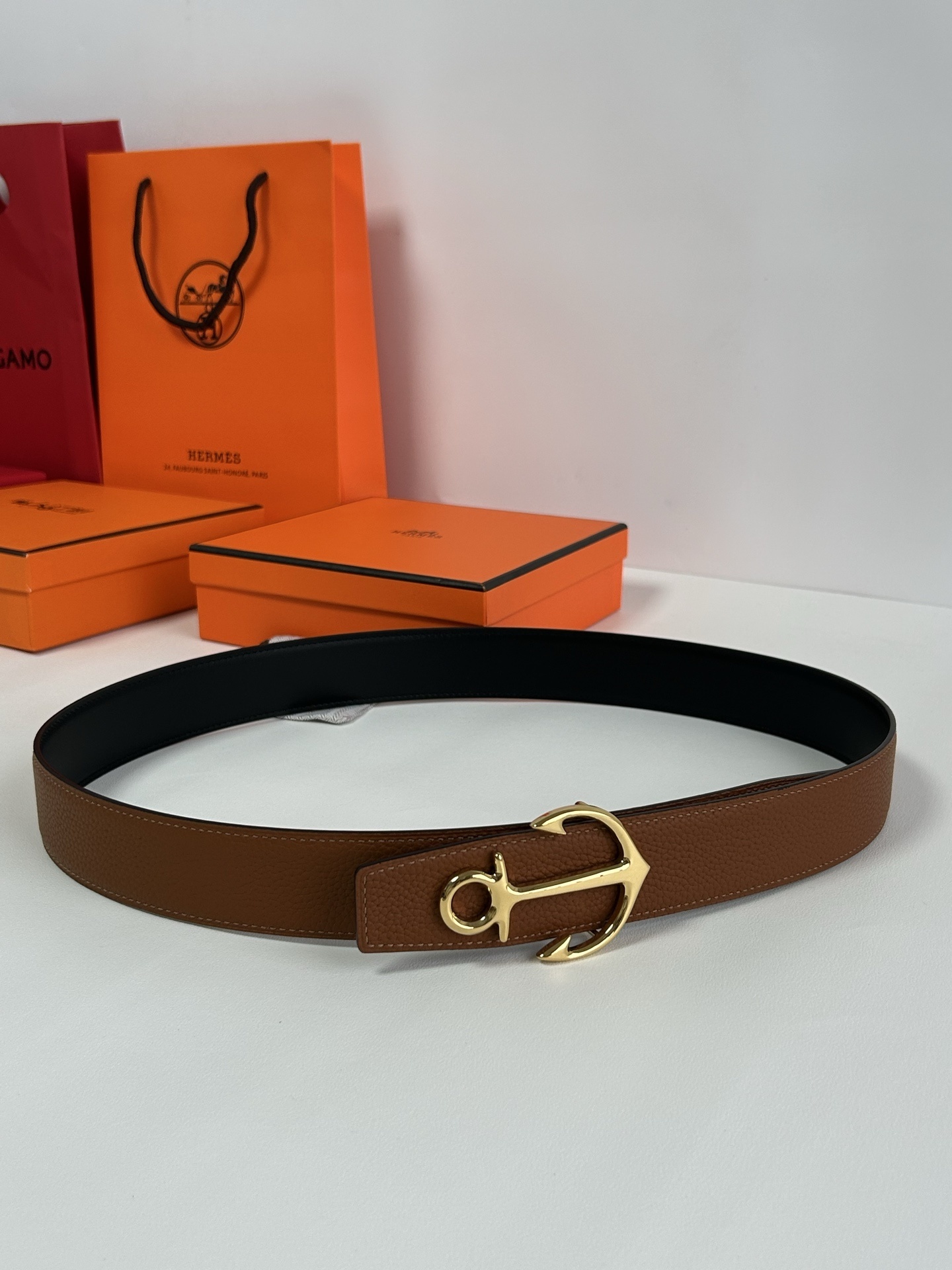 Hermès Reversible Leather Belt with Silver Anchor Buckle