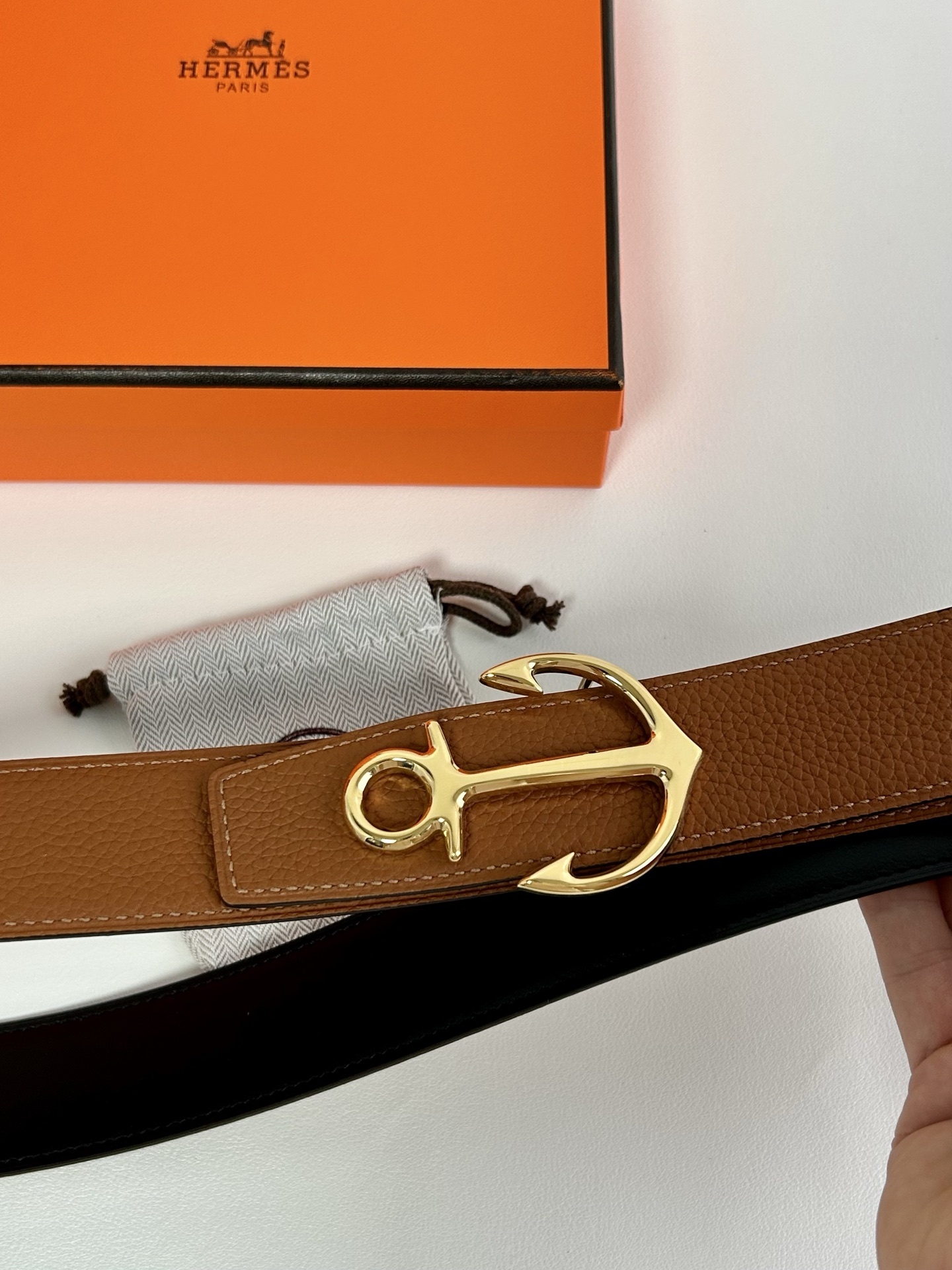 Hermès Reversible Leather Belt with Silver Anchor Buckle