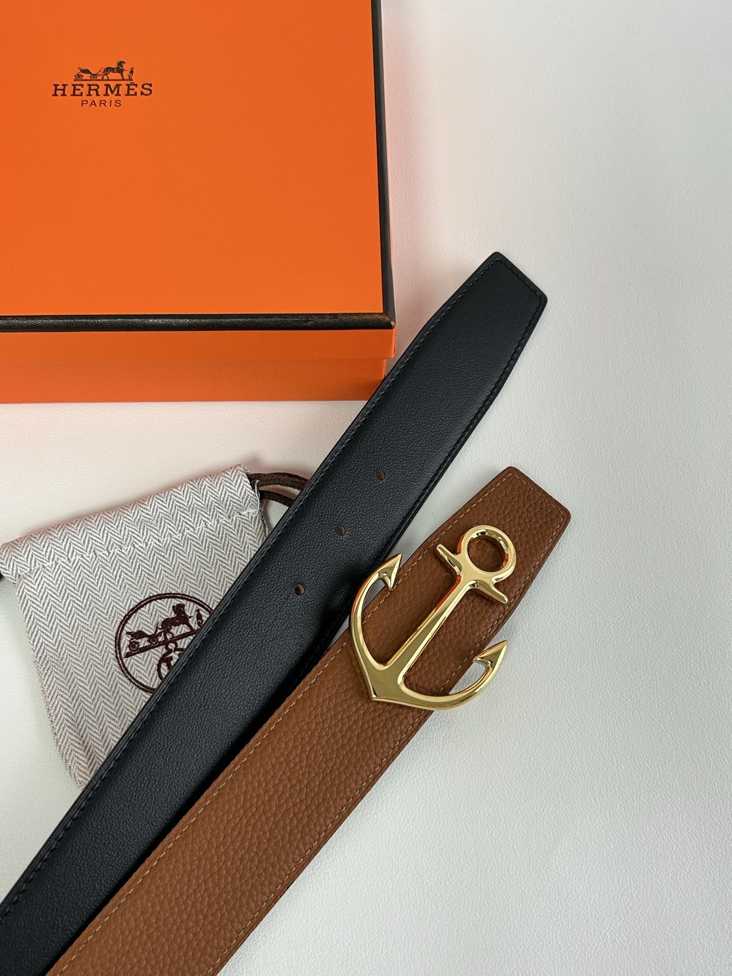 Hermès Reversible Leather Belt with Silver Anchor Buckle