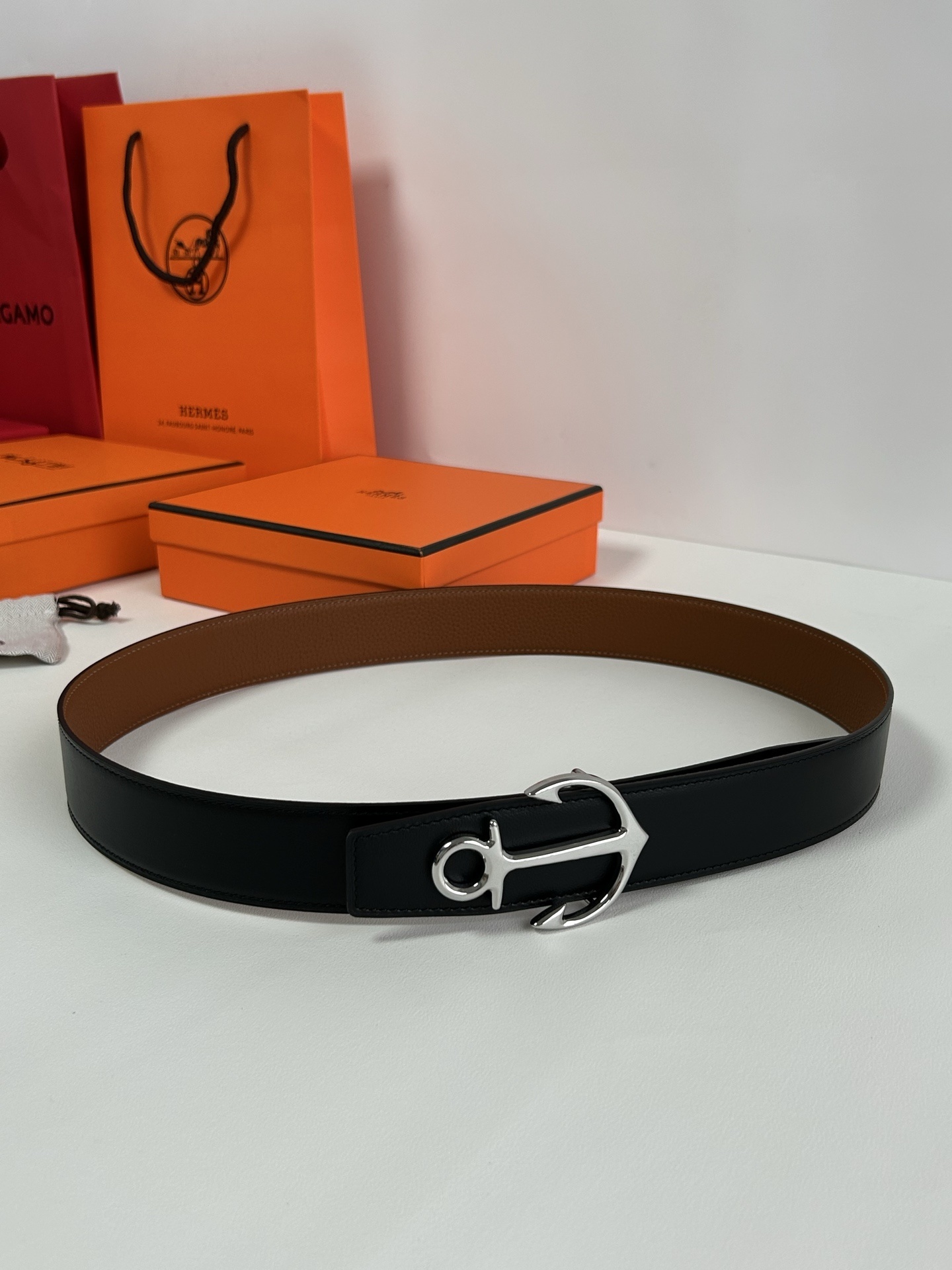 Hermès Reversible Leather Belt with Silver Anchor Buckle