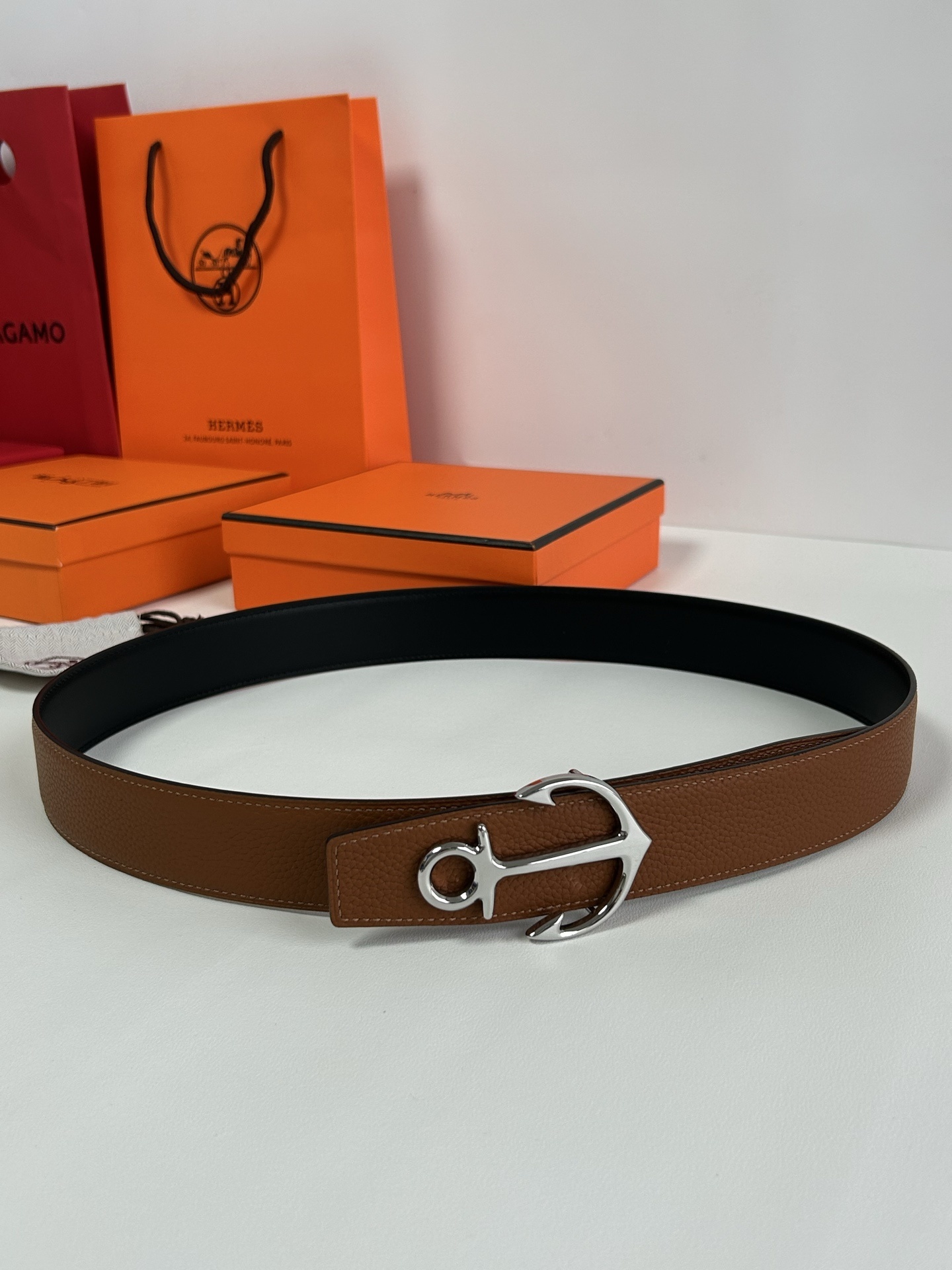 Hermès Reversible Leather Belt with Silver Anchor Buckle