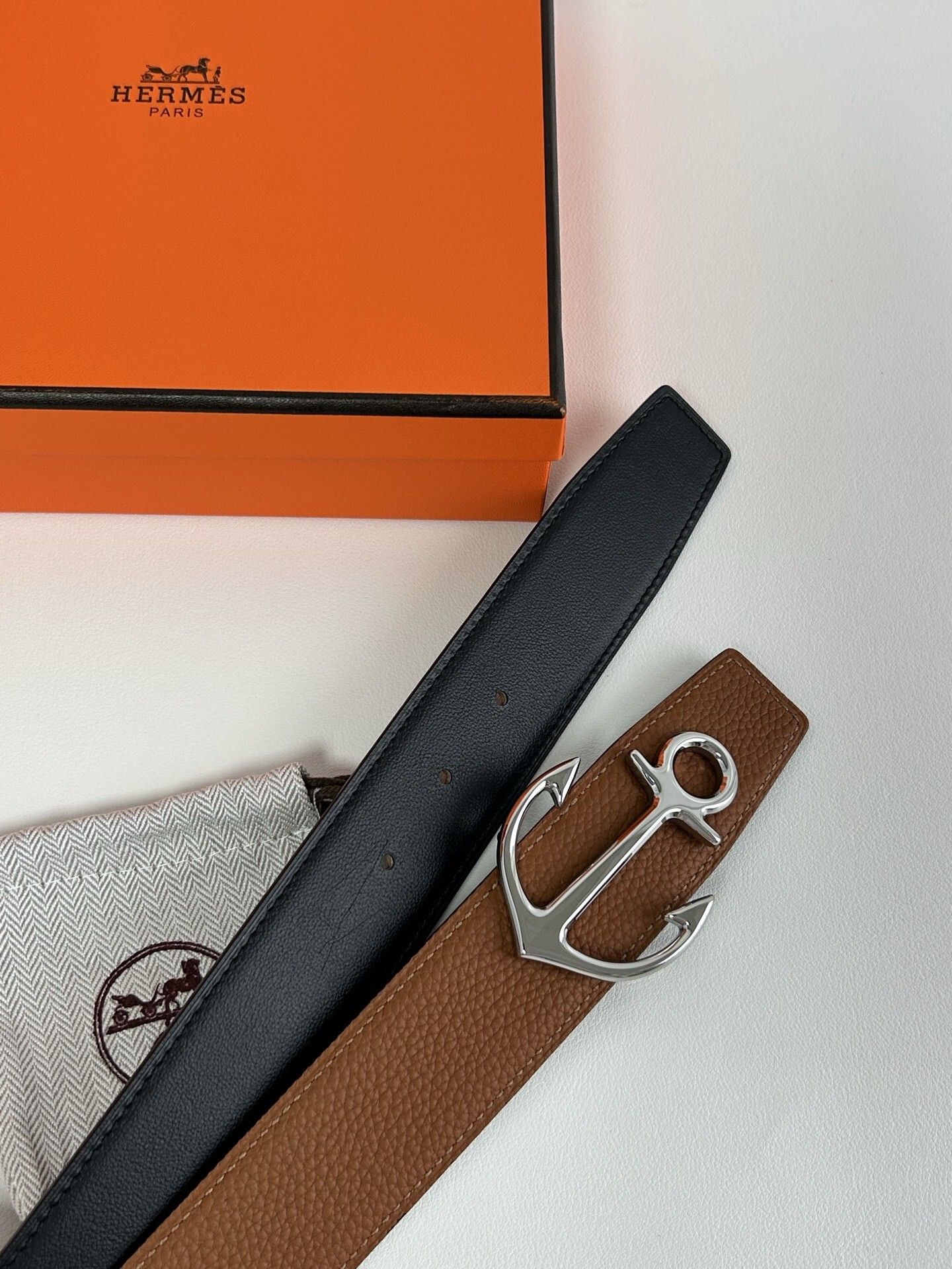 Hermès Reversible Leather Belt with Silver Anchor Buckle