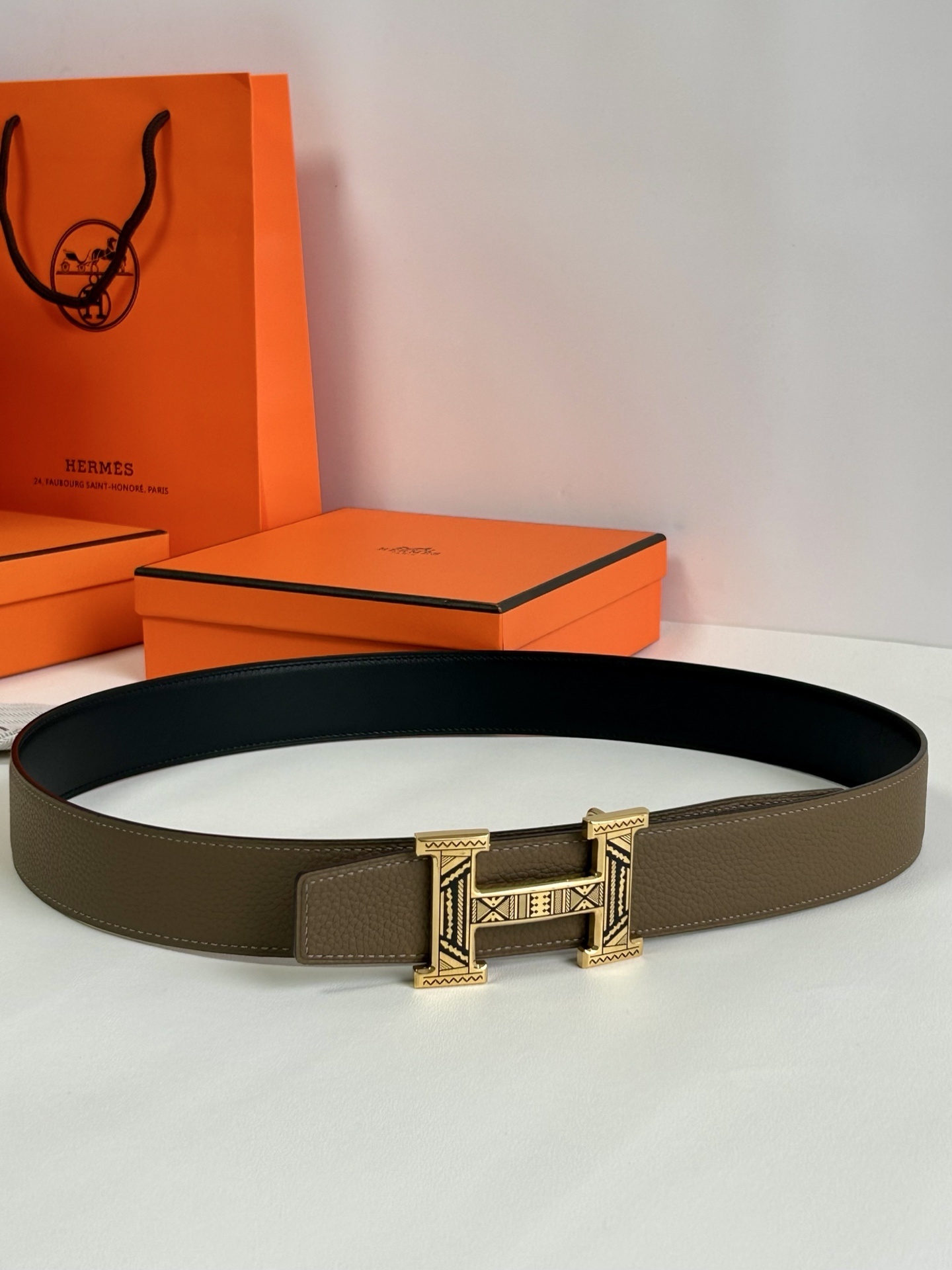 Hermès Grained Leather Belt with Patterned H Buckle