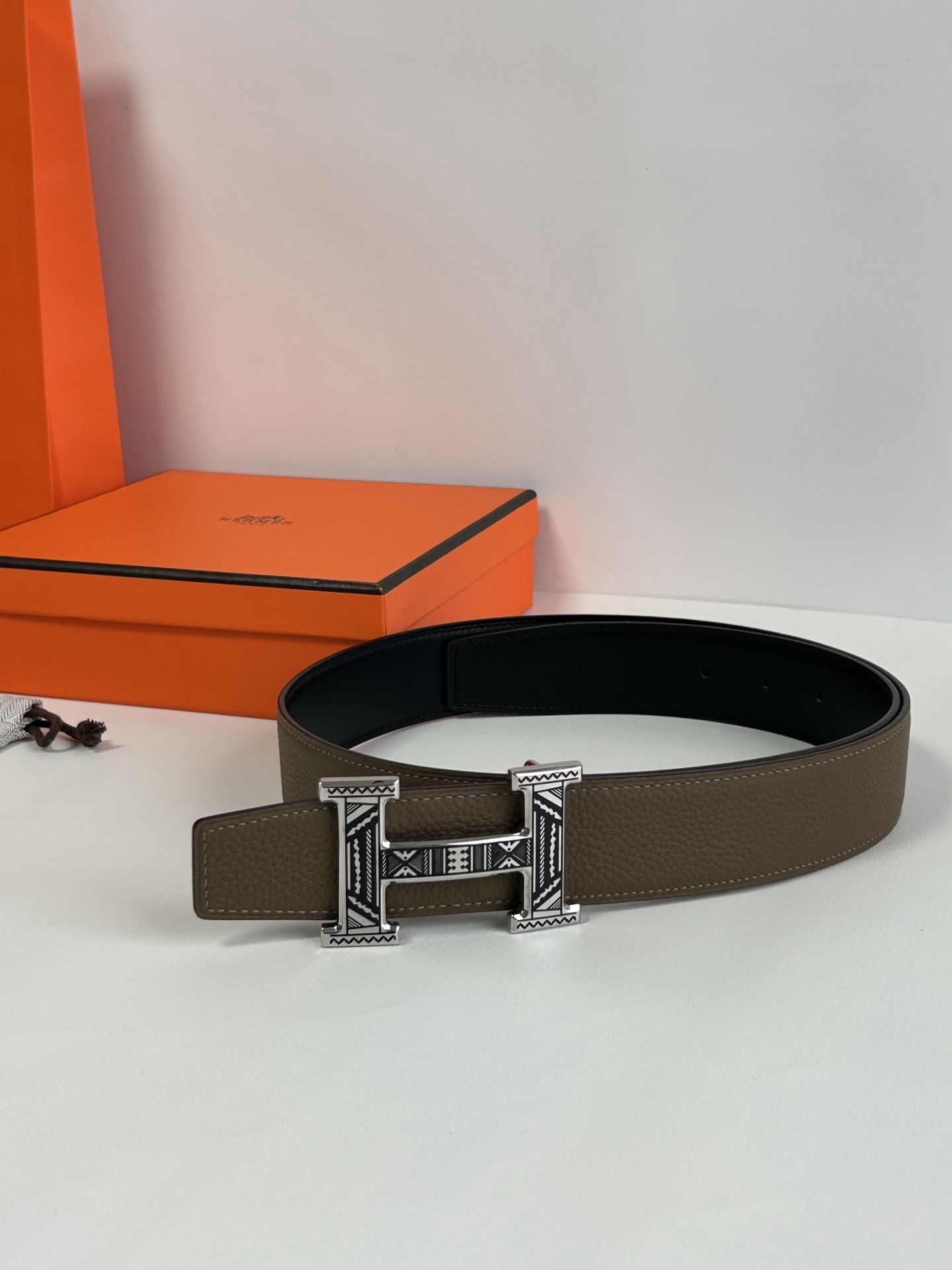 Hermès Grained Leather Belt with Patterned H Buckle