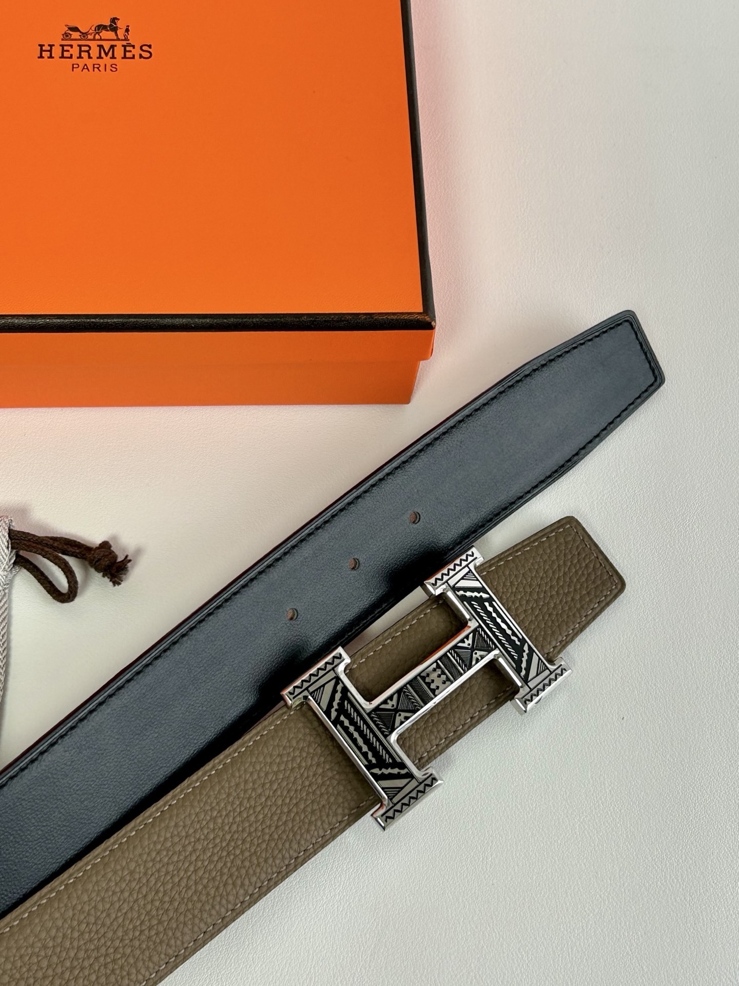 Hermès Grained Leather Belt with Patterned H Buckle