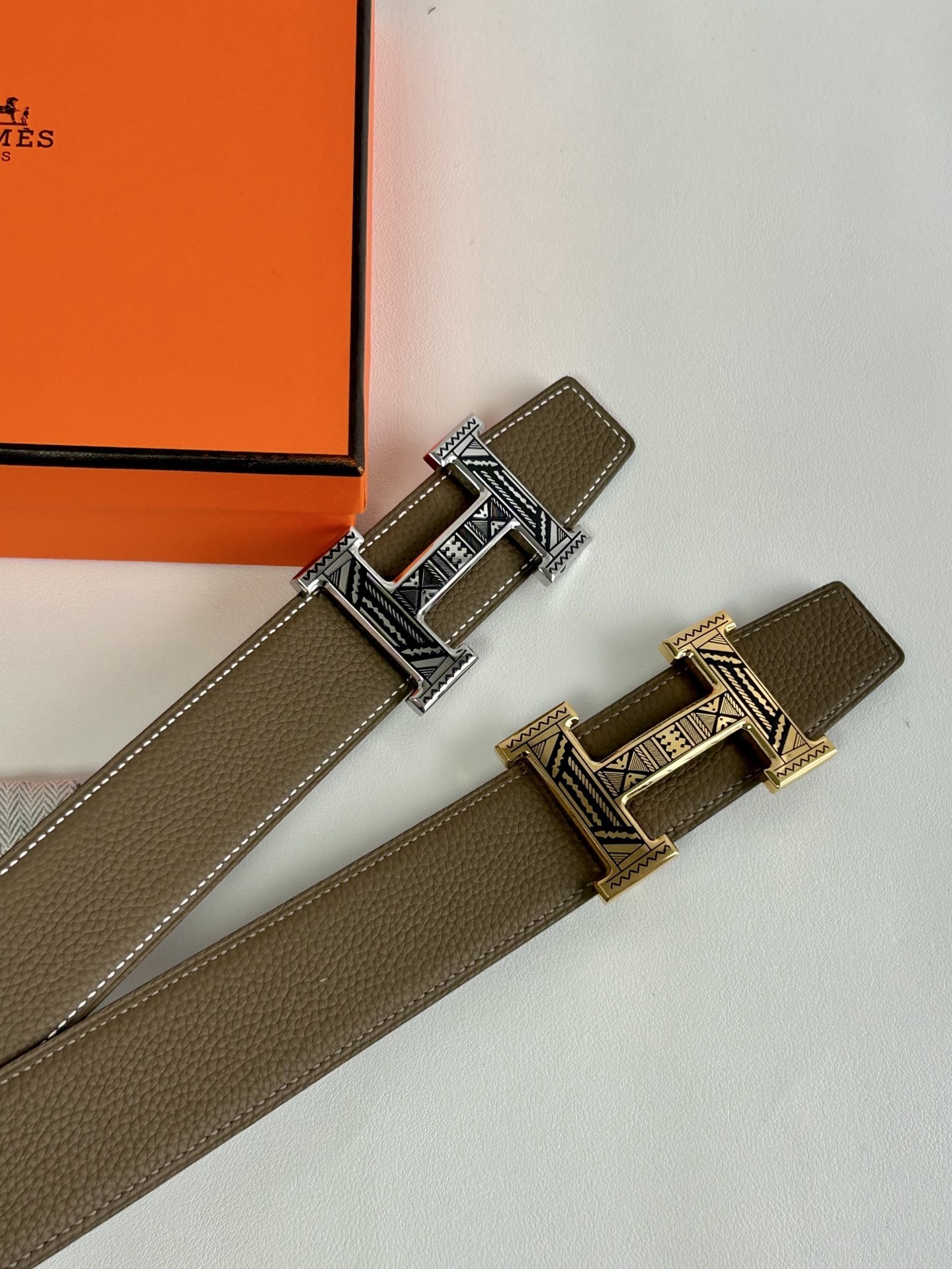 Hermès Grained Leather Belt with Patterned H Buckle