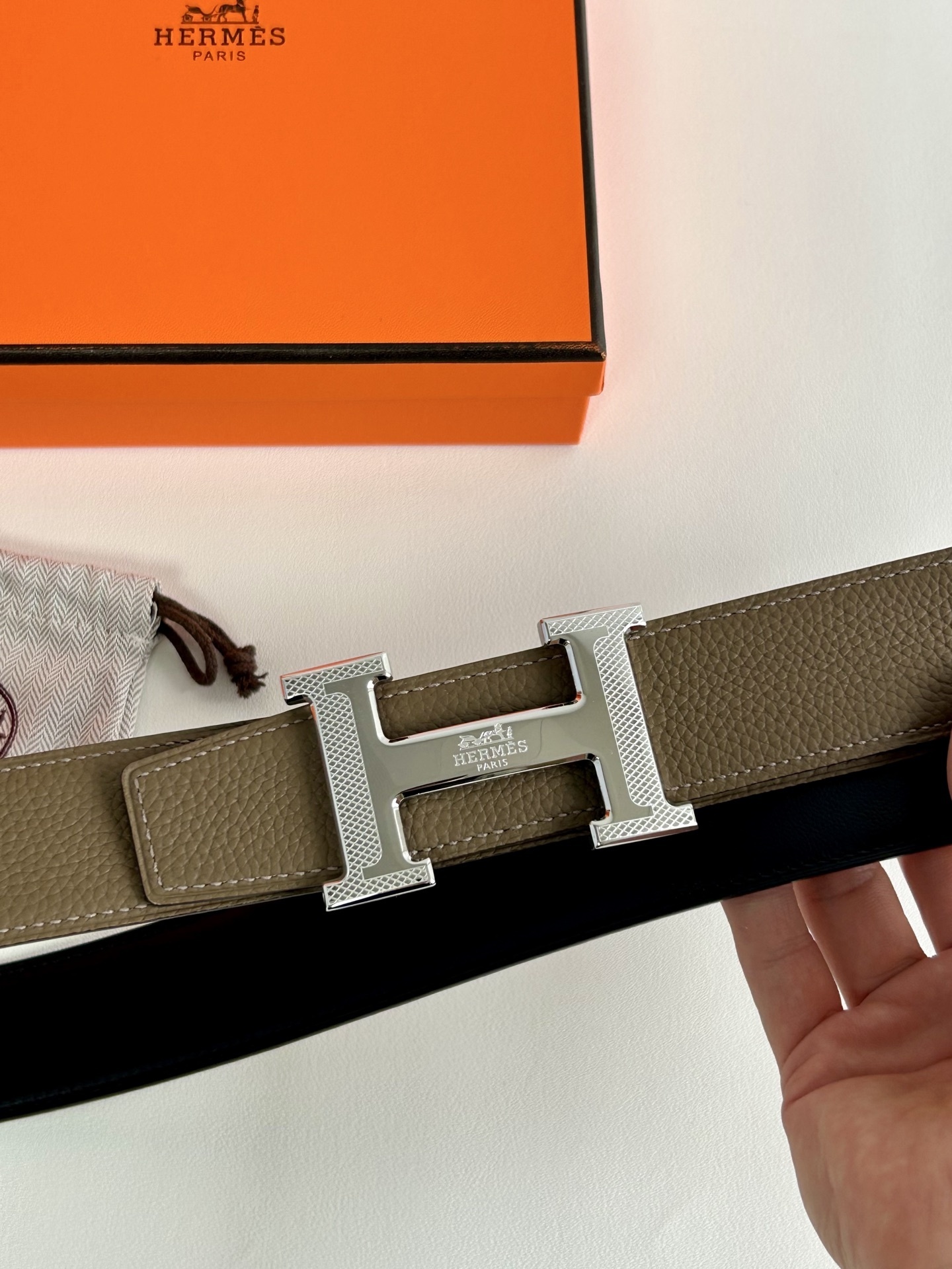 Hermès Reversible Leather Belt with Textured Silver H Buckle