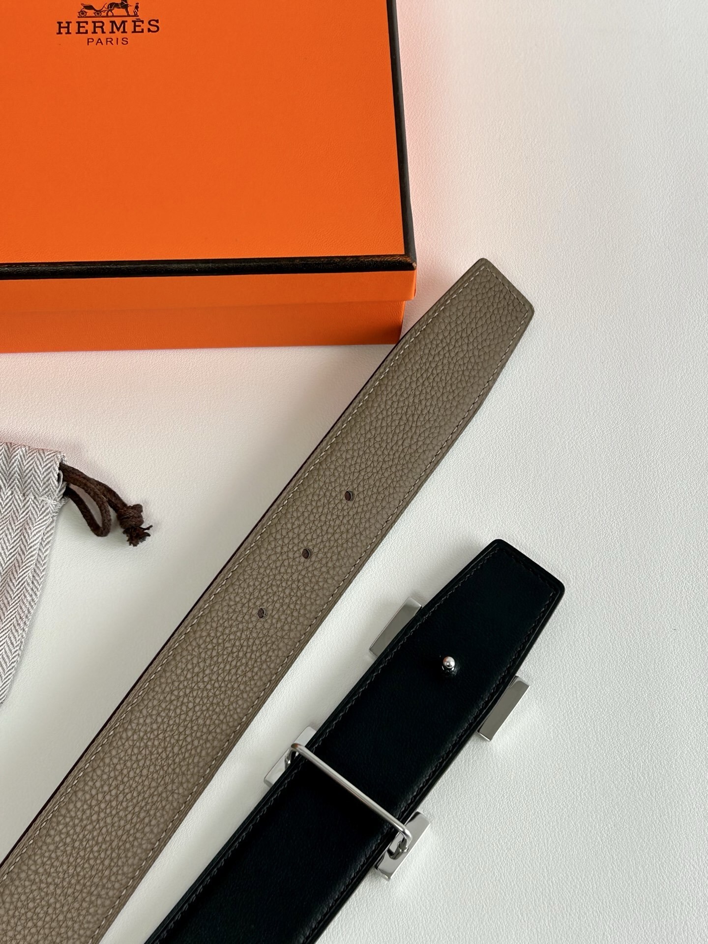 Hermès Reversible Leather Belt with Textured Silver H Buckle