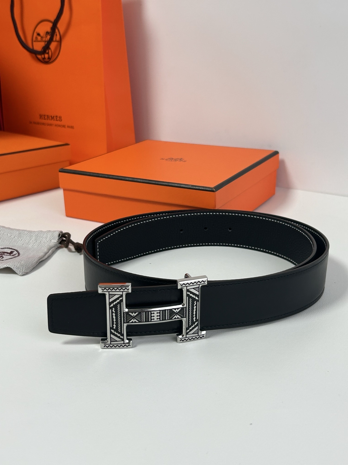 Designer H Buckle Leather Belt - Intricate Geometric Tribal Pattern