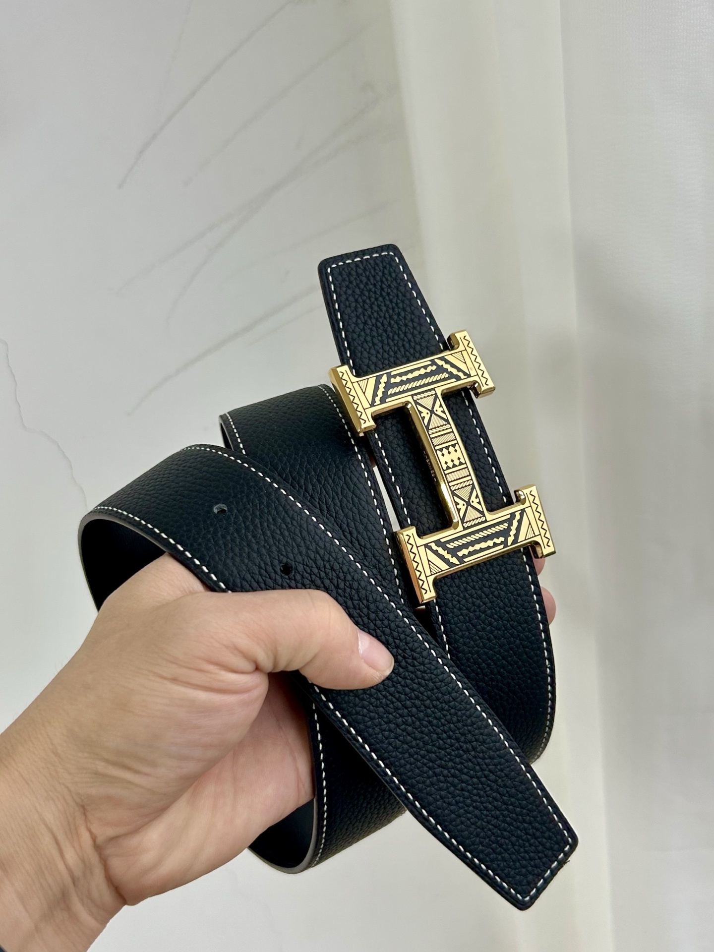 Designer H Buckle Leather Belt - Intricate Geometric Tribal Pattern