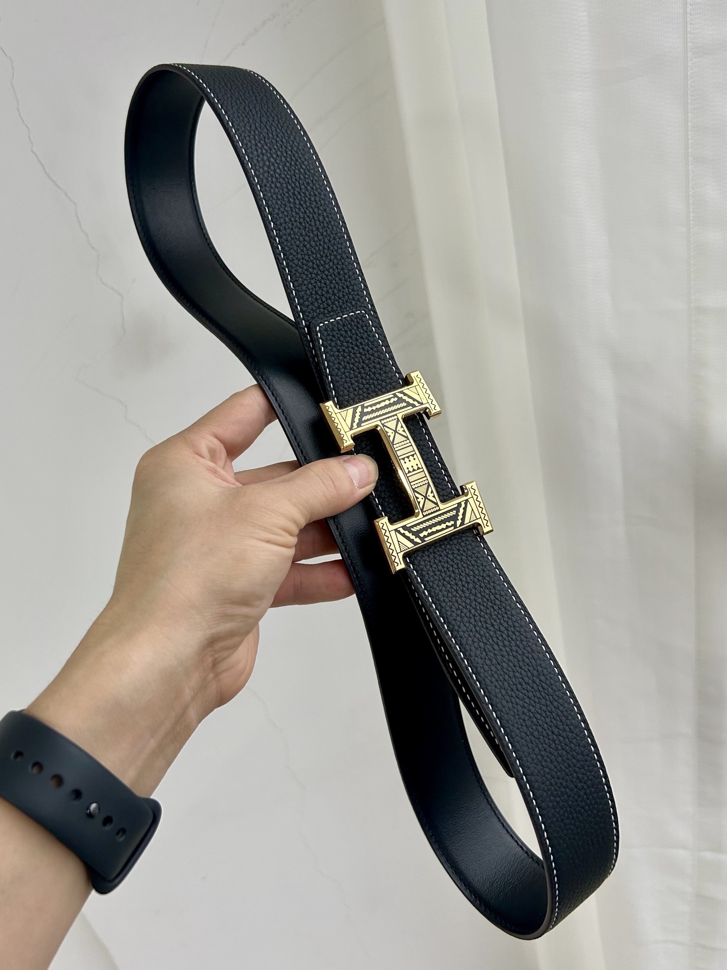 Designer H Buckle Leather Belt - Intricate Geometric Tribal Pattern