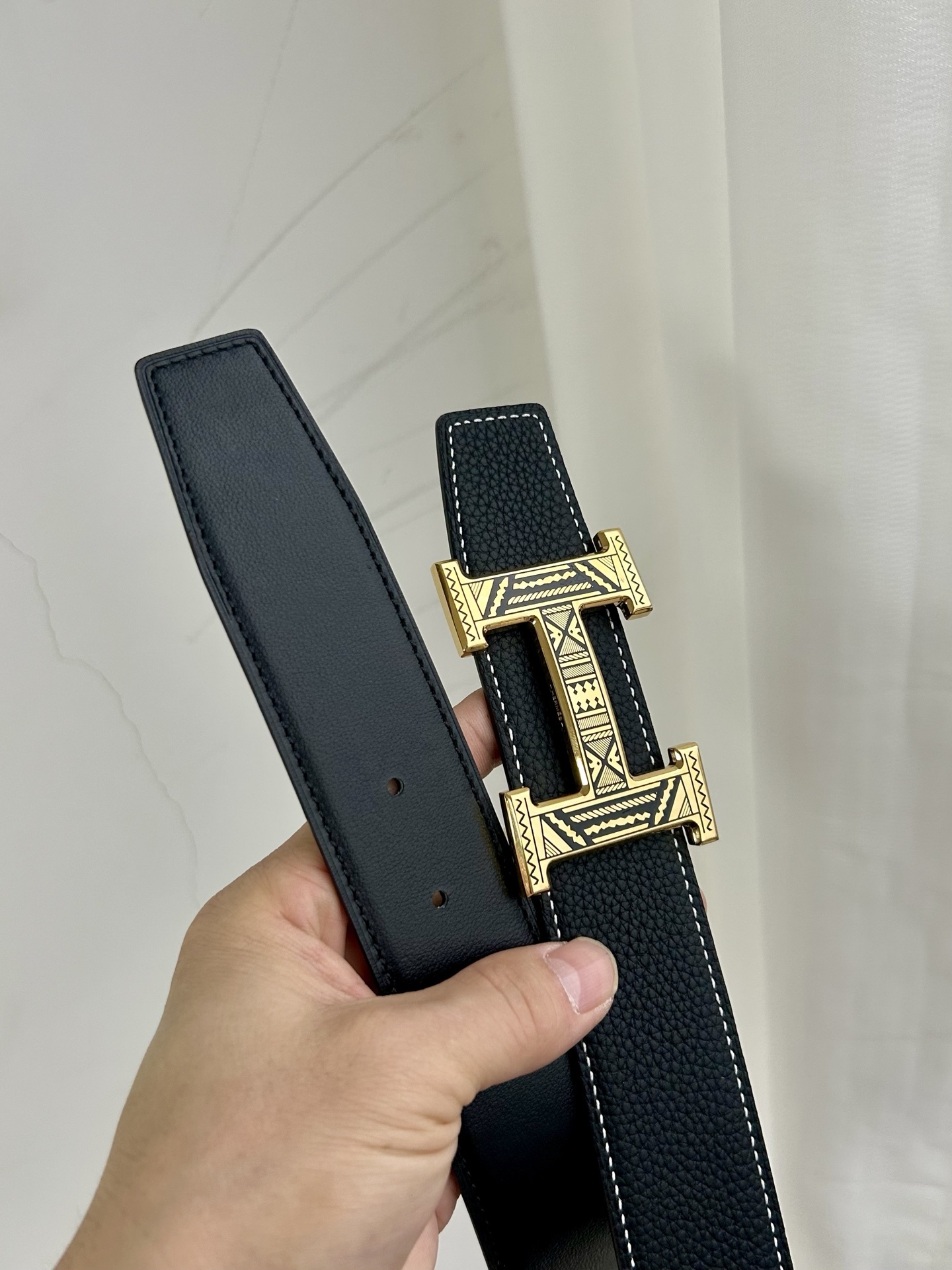 Designer H Buckle Leather Belt - Intricate Geometric Tribal Pattern