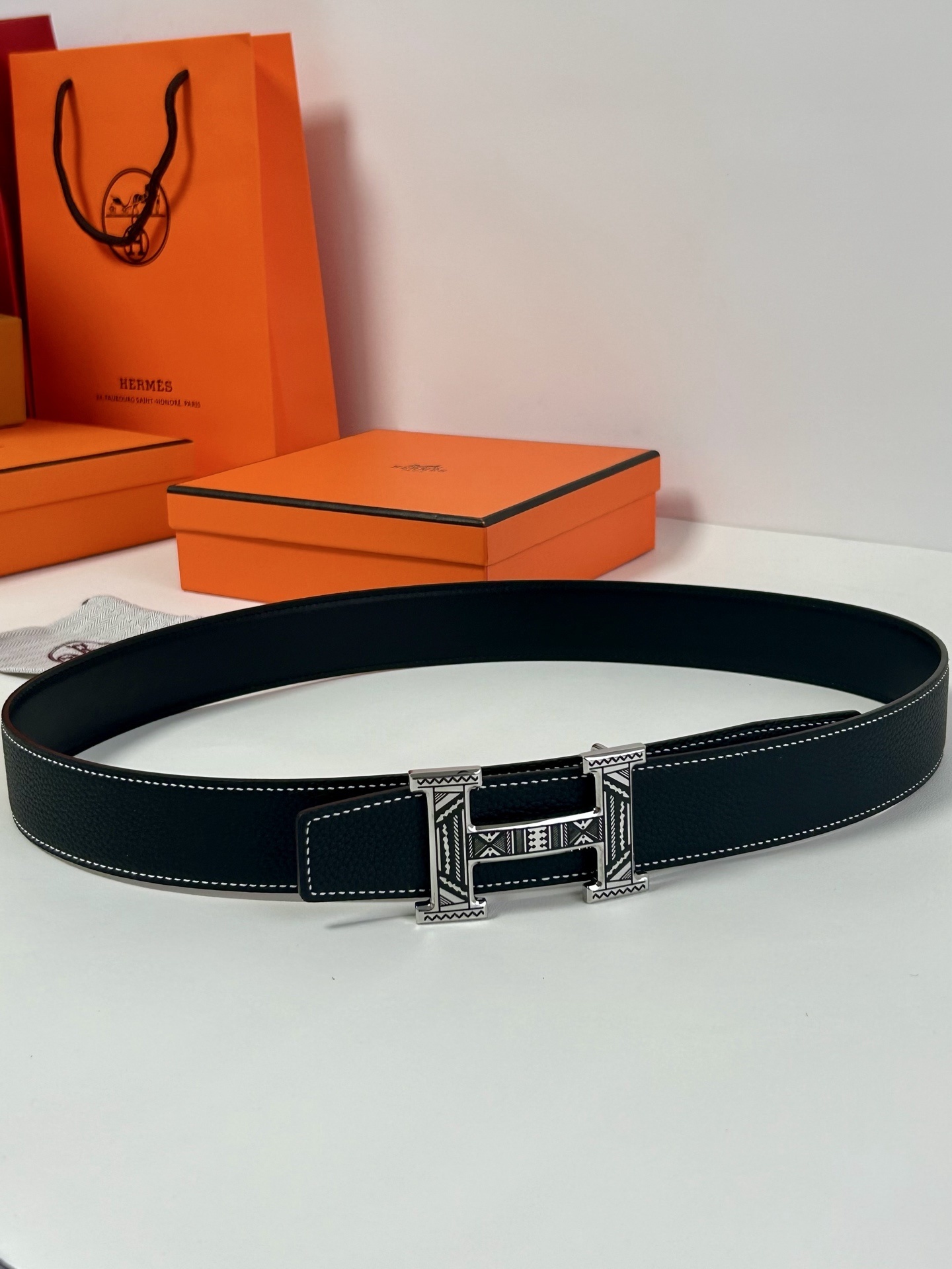 Designer H Buckle Leather Belt - Intricate Geometric Tribal Pattern