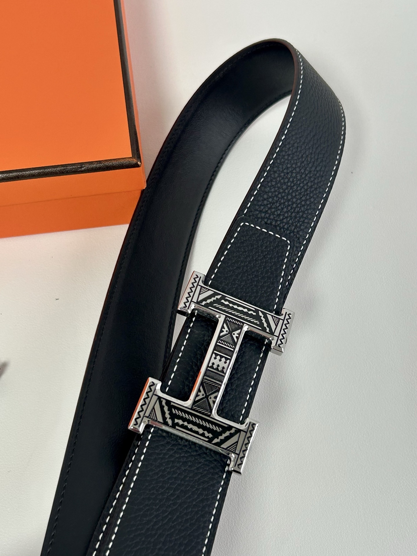 Designer H Buckle Leather Belt - Intricate Geometric Tribal Pattern