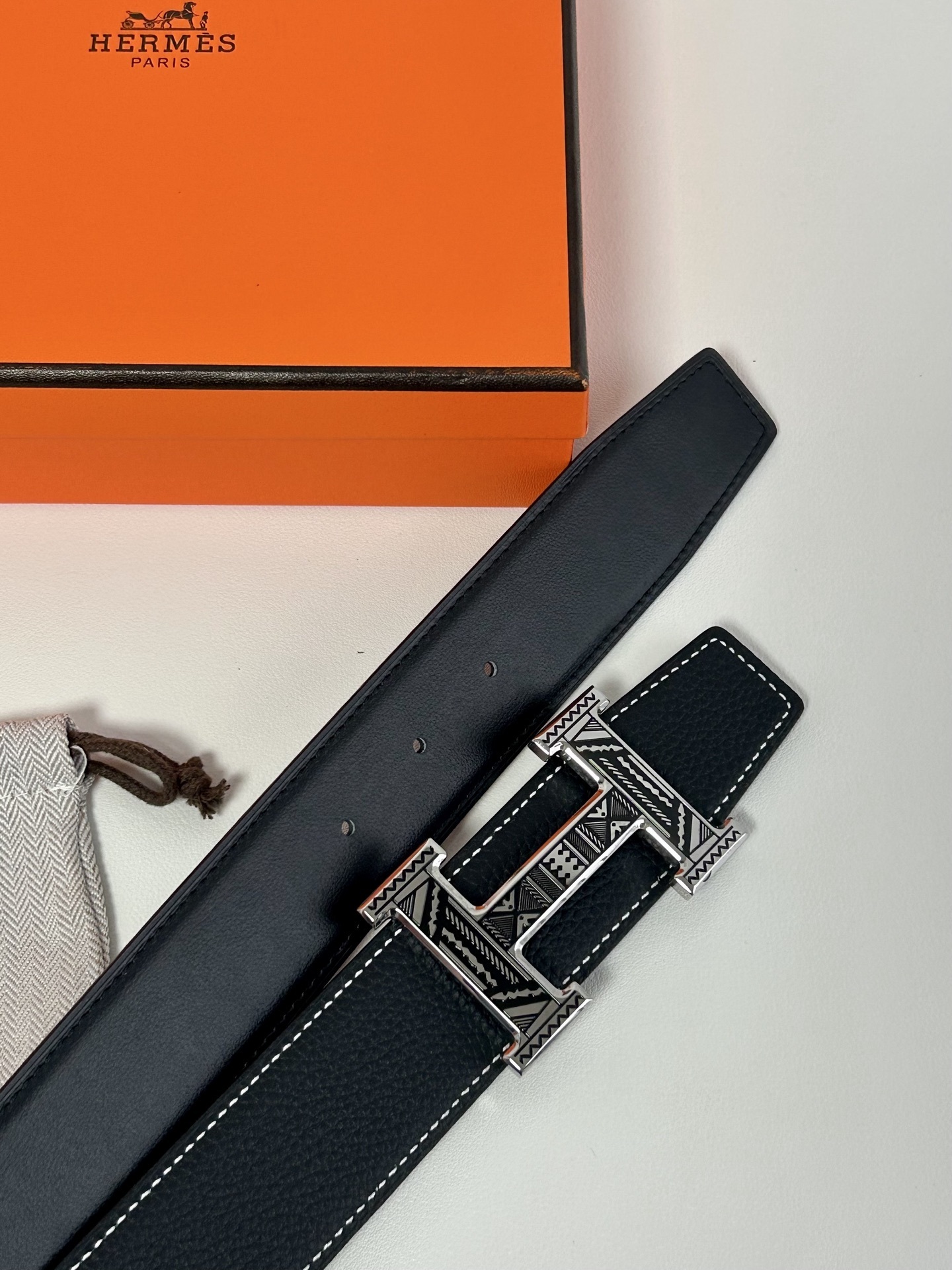 Designer H Buckle Leather Belt - Intricate Geometric Tribal Pattern