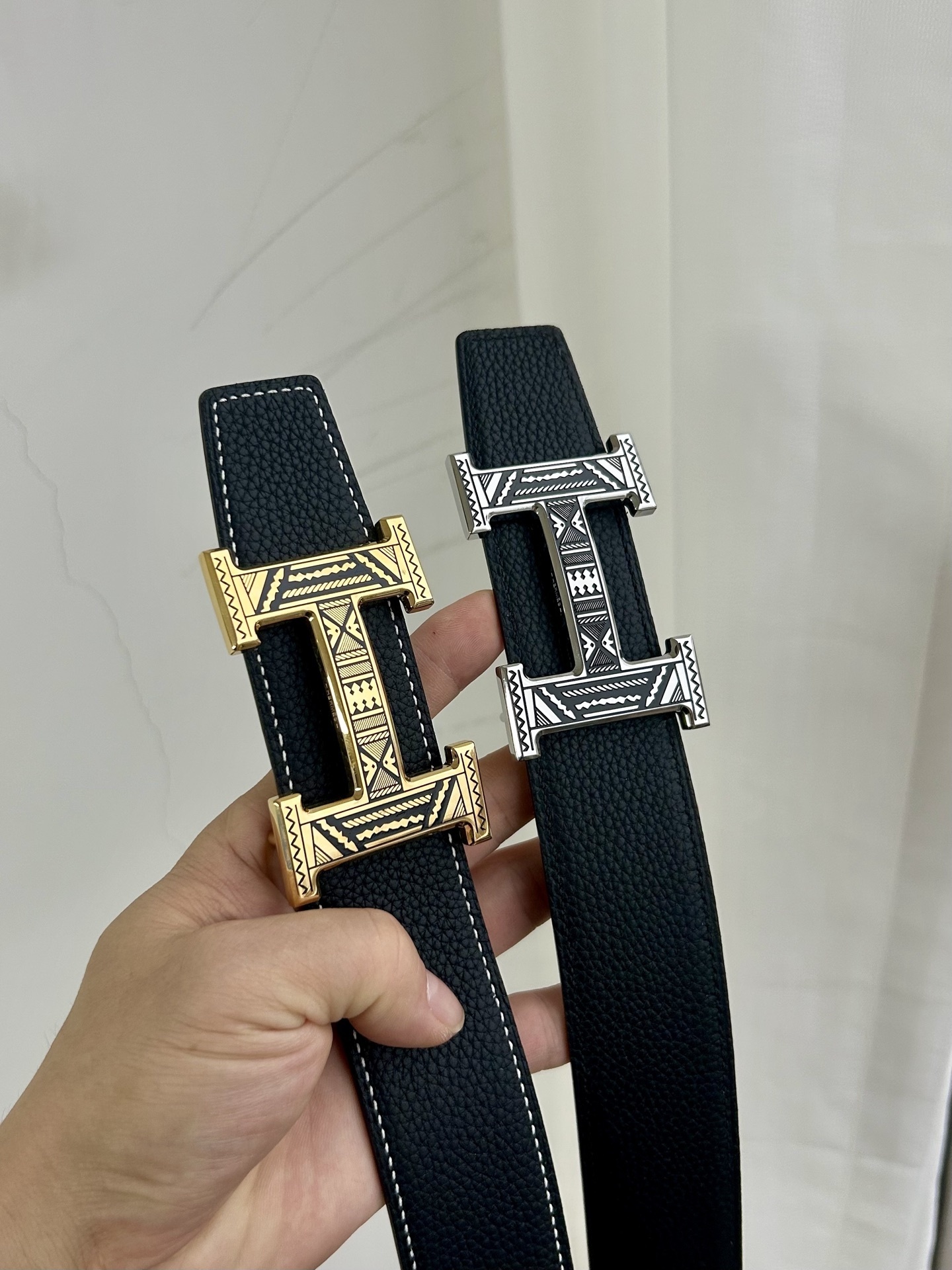 Designer H Buckle Leather Belt – Intricate Geometric Tribal Pattern