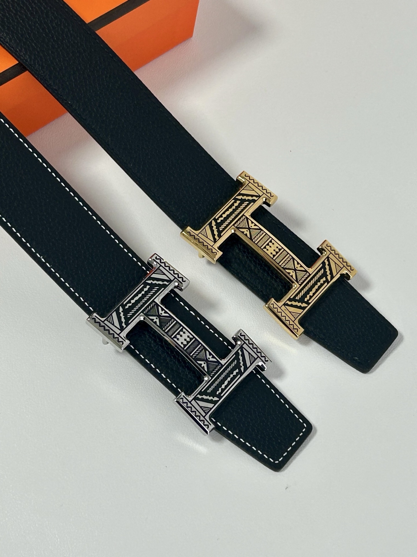 Premium Designer Leather Belt with Patterned H Buckle
