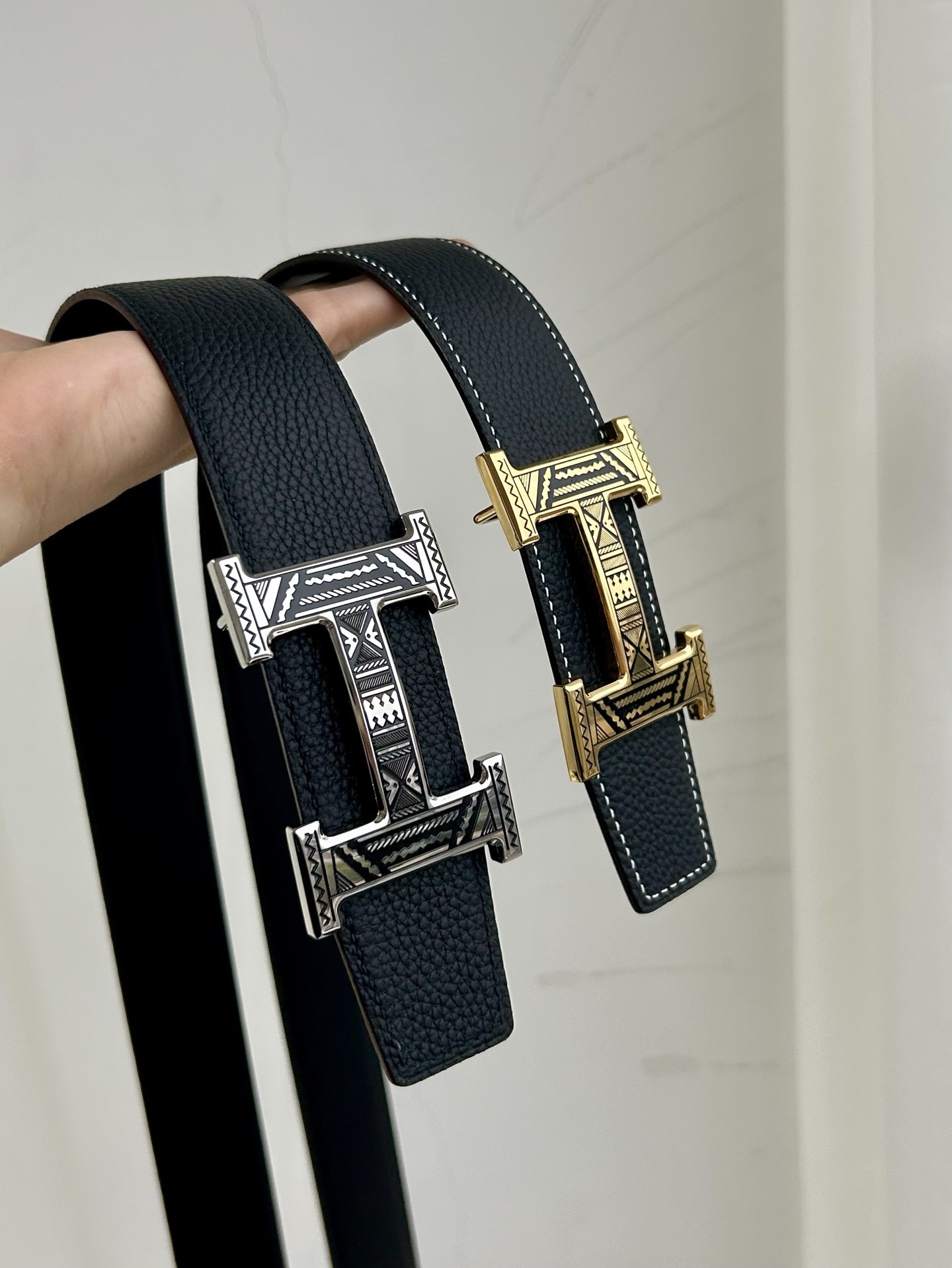 Premium Designer Leather Belt with Patterned H Buckle