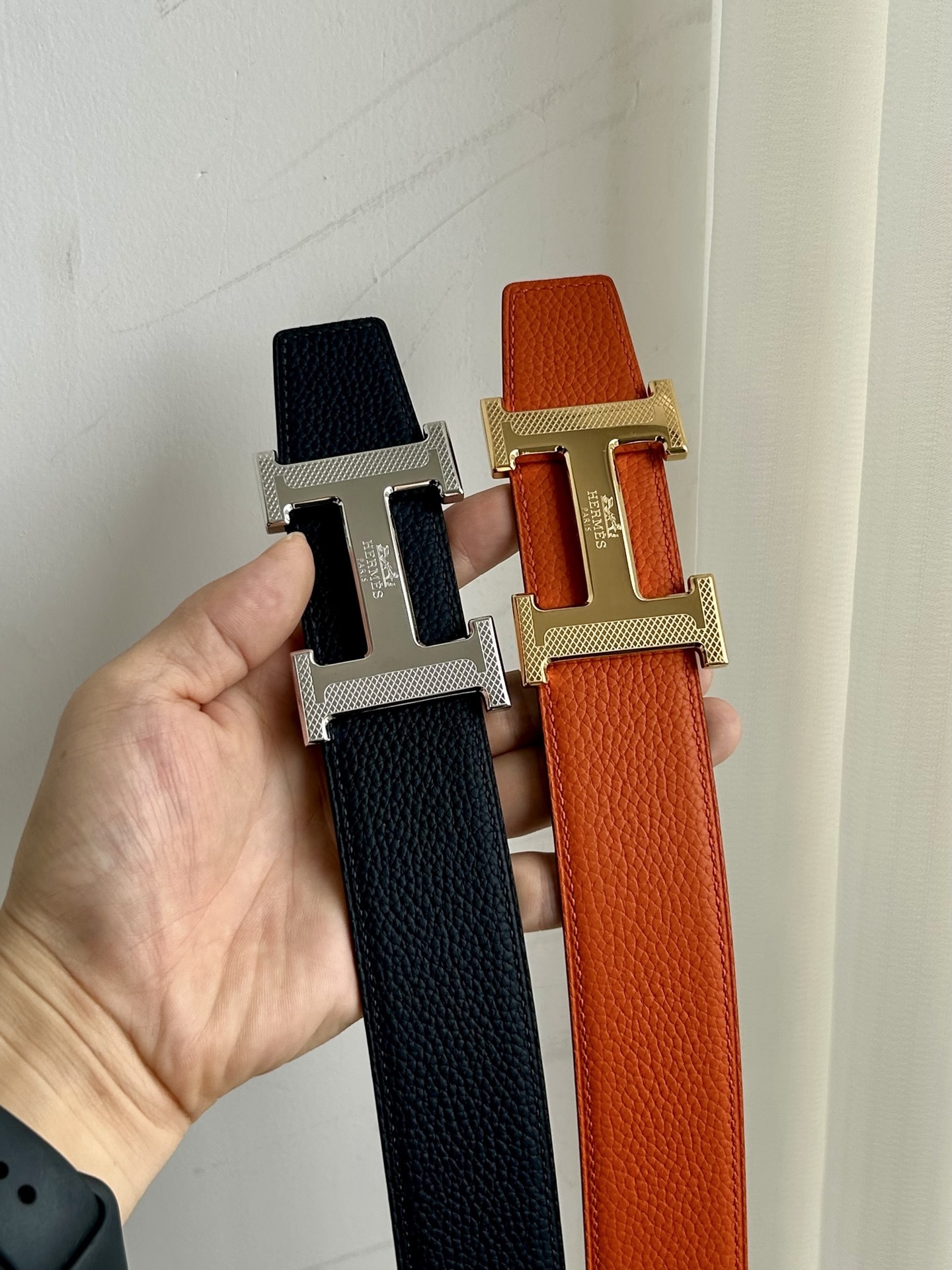 Luxury Designer H Buckle Leather Belt – Black & Orange Editions