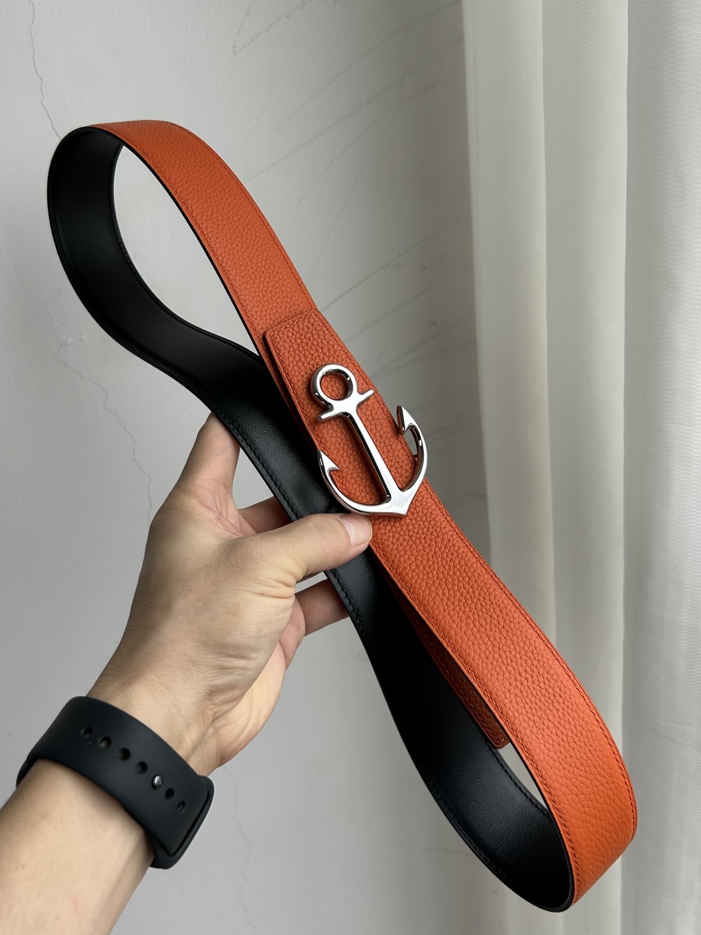 Men's Reversible Leather Belt Gold Anchor Gancini Buckle - Orange/Black