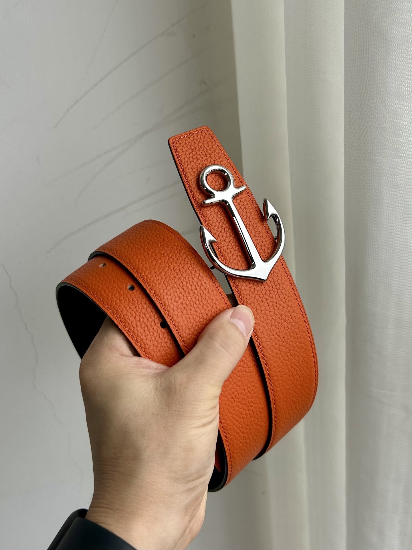 Men's Reversible Leather Belt Gold Anchor Gancini Buckle - Orange/Black