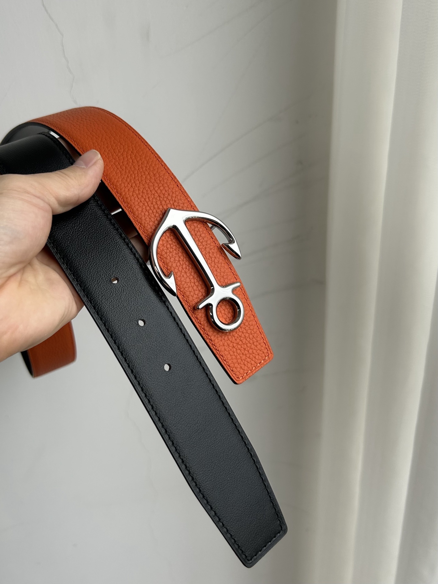 Men's Reversible Leather Belt Gold Anchor Gancini Buckle - Orange/Black