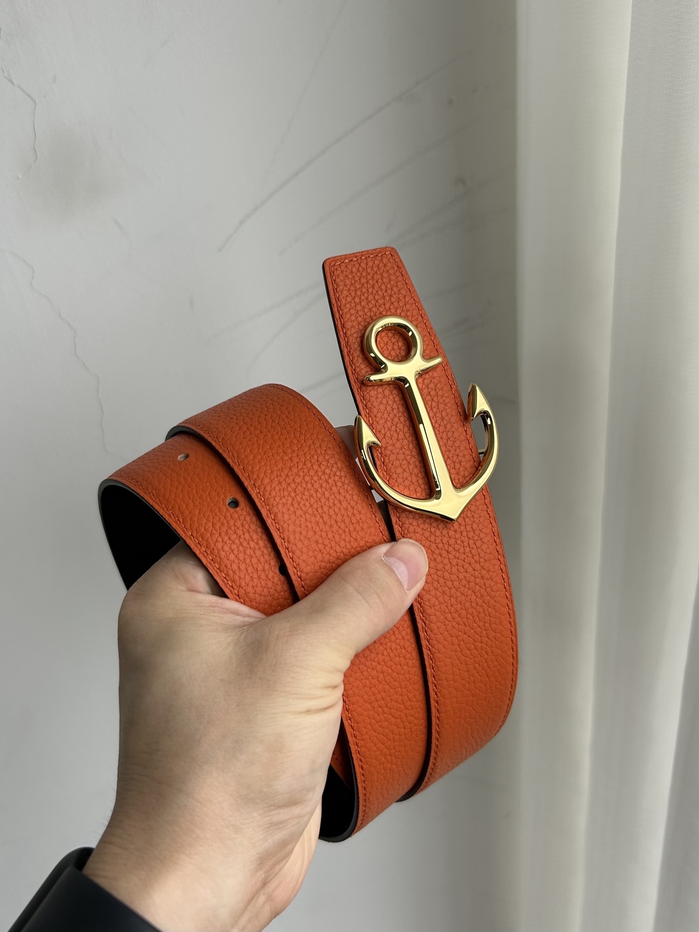 Men's Reversible Leather Belt Gold Anchor Gancini Buckle - Orange/Black